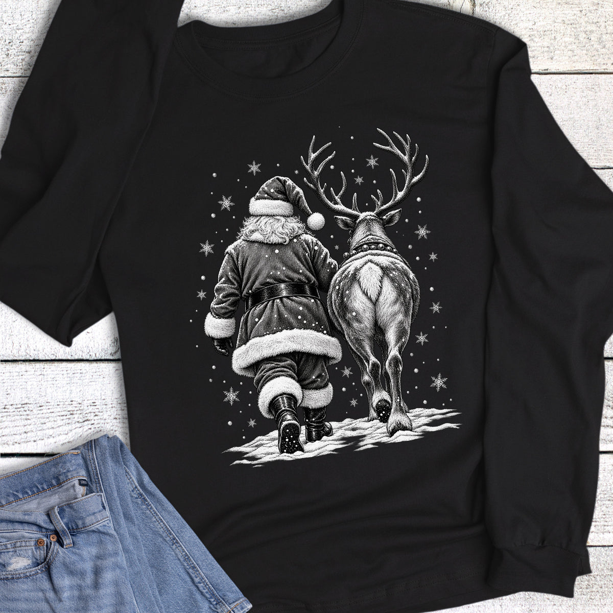 Christmas Walking Santa and Reindeer with Snow Long Sleeve