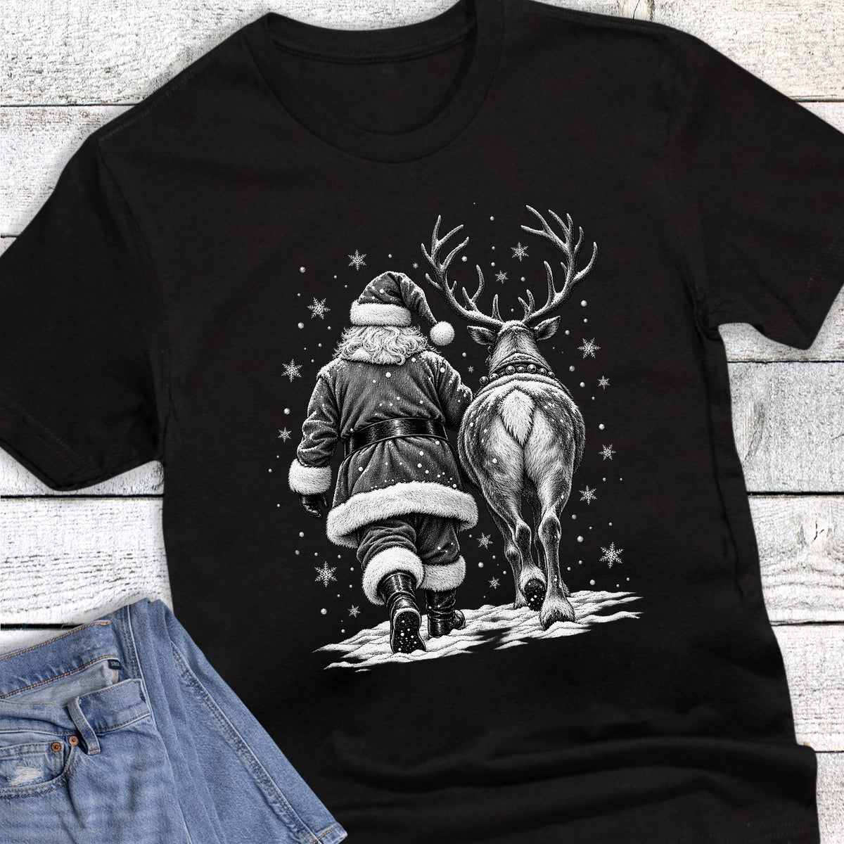 Christmas Walking Santa and Reindeer with Snow
