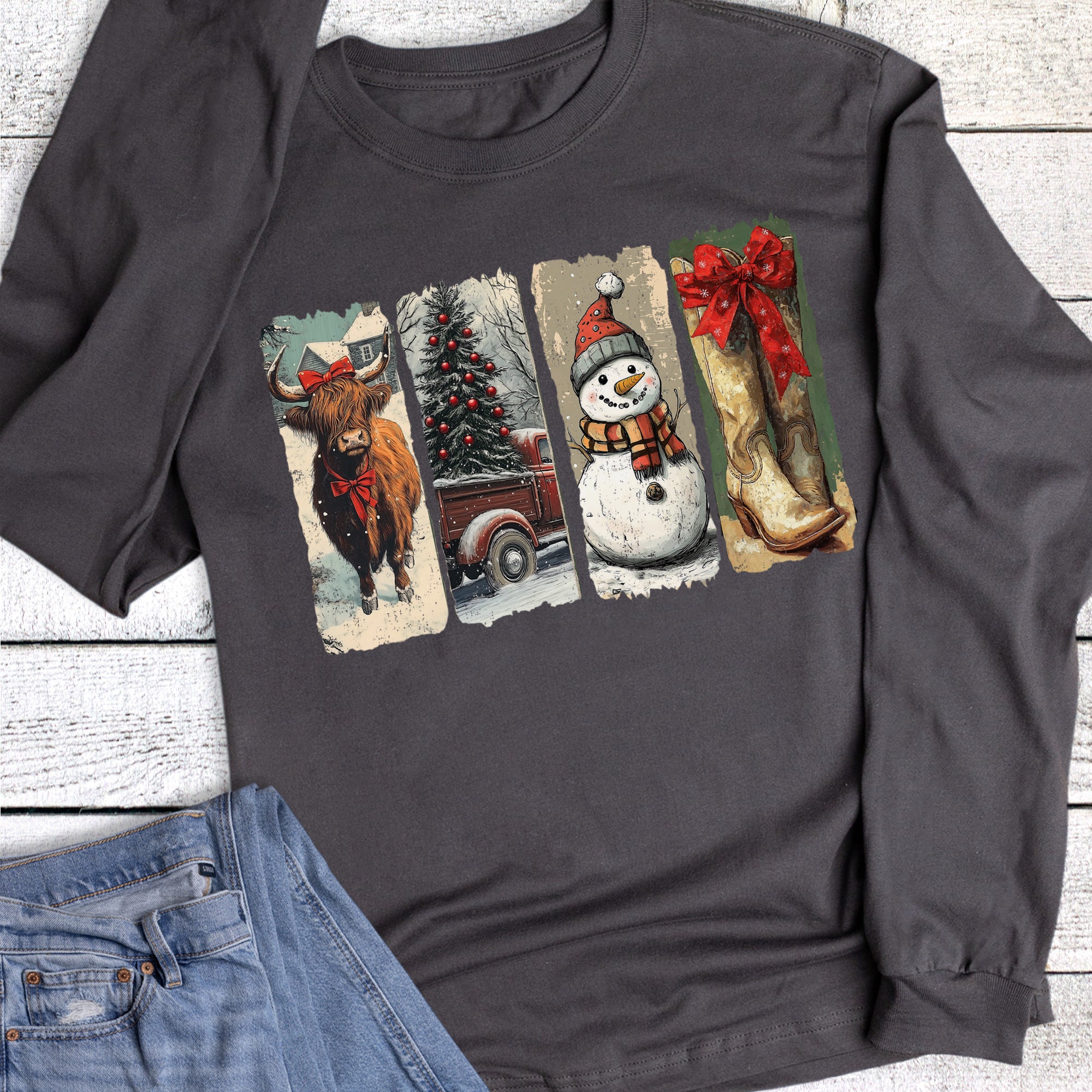 Christmas Western Brushstrokes Cow Boots Long Sleeve