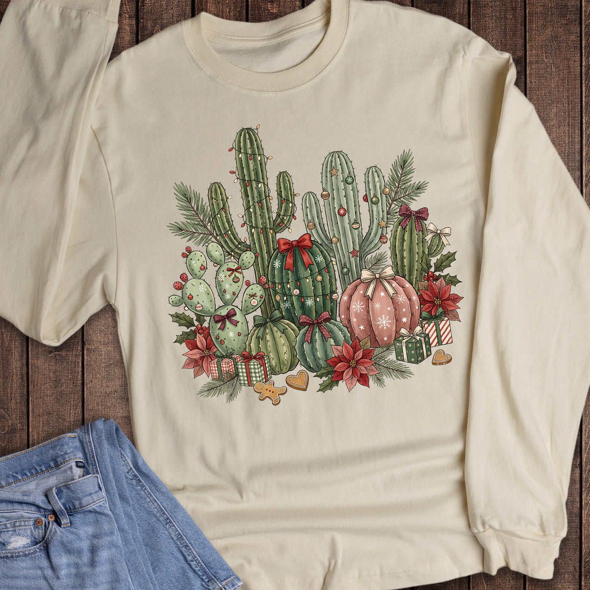 Christmas Western Cacti Poinsettia Long Sleeve