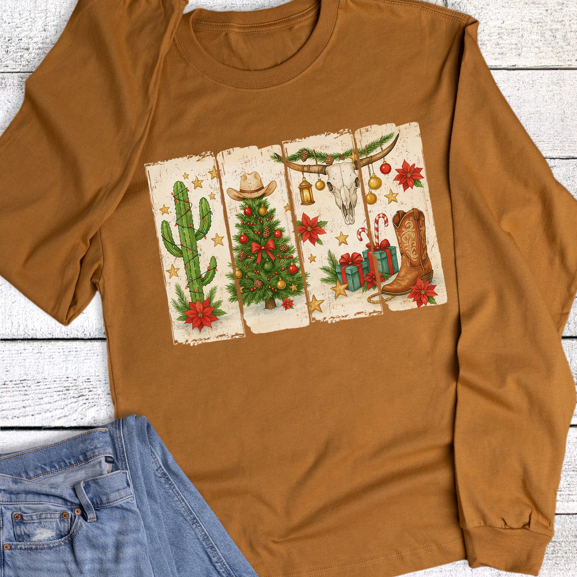 Christmas Western Cow Skull Cactus Cowboy Boot Brushstrokes Long Sleeve