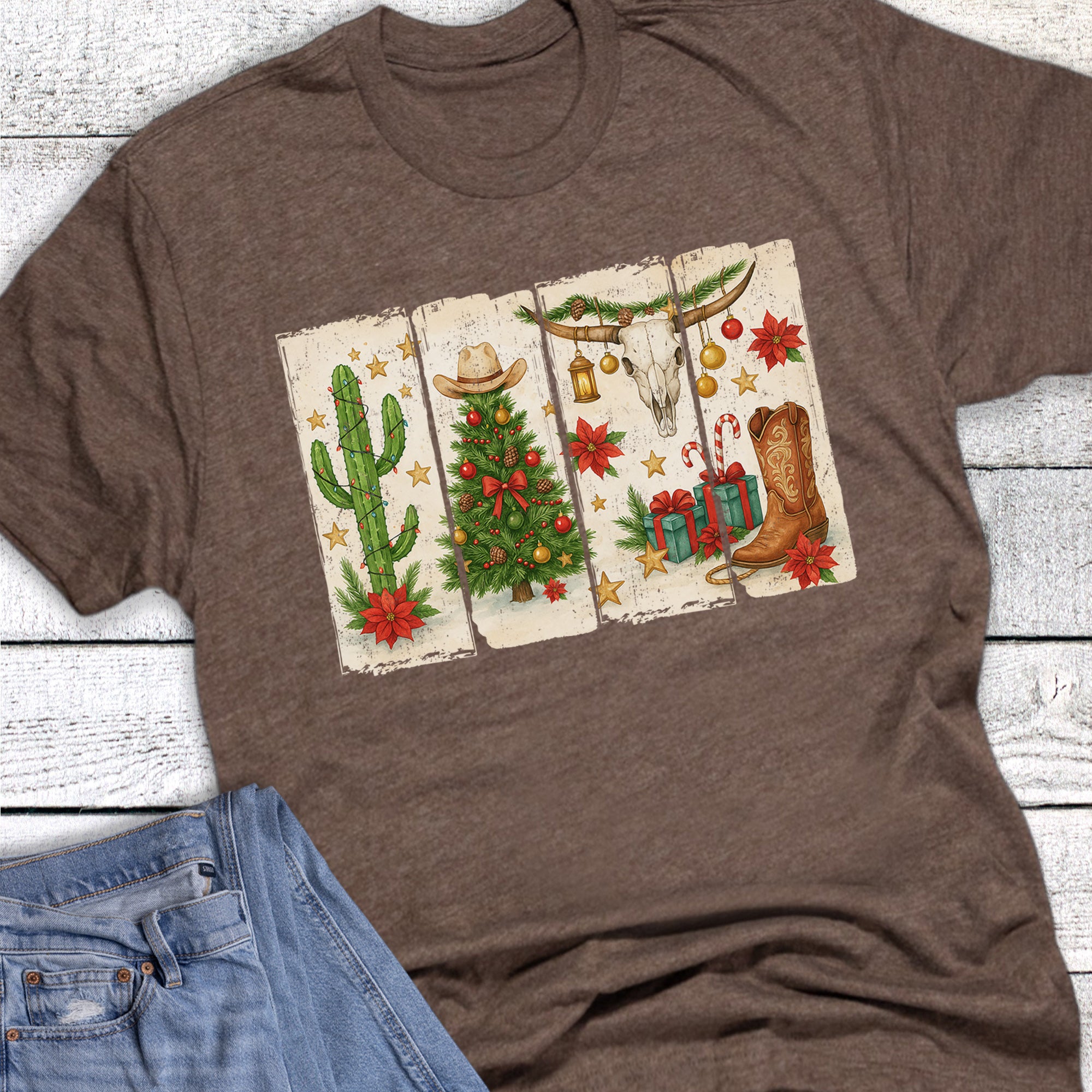 Christmas Western Cow Skull Cactus Cowboy Boot Brushstrokes