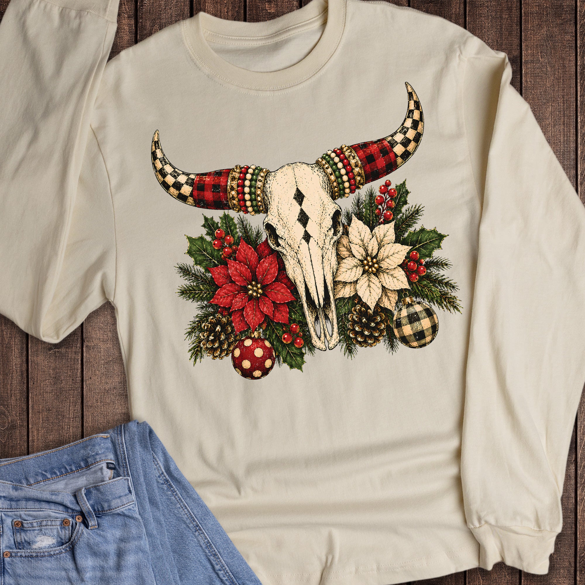 Christmas Western Cow Skull Poinsettias Long Sleeve