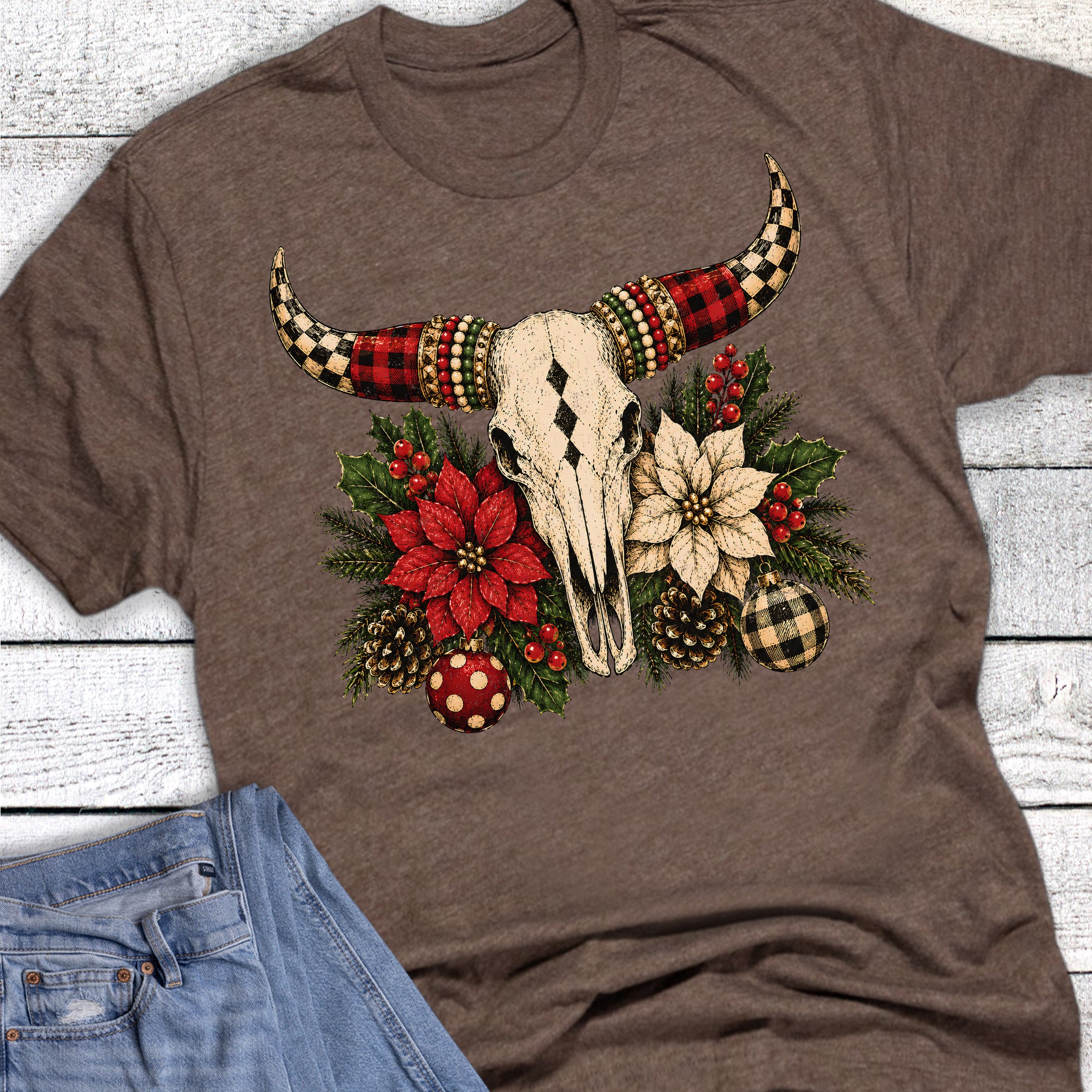 Christmas Western Cow Skull Poinsettias
