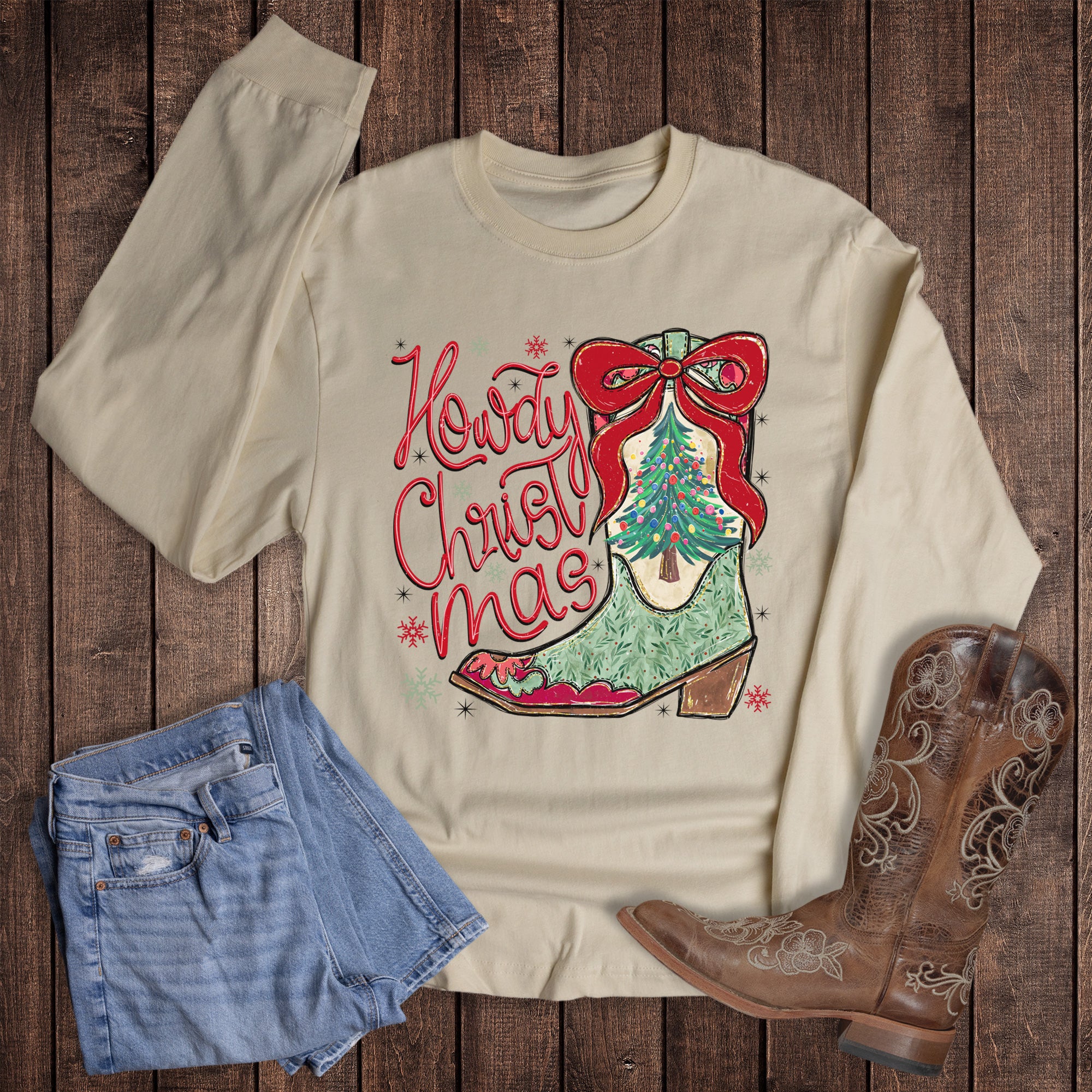 Christmas Western Howdy Christmas Boot Long Sleeve