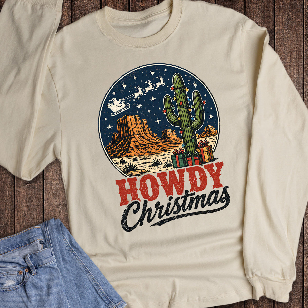 Christmas Western Howdy Santa and Sleigh Long Sleeve