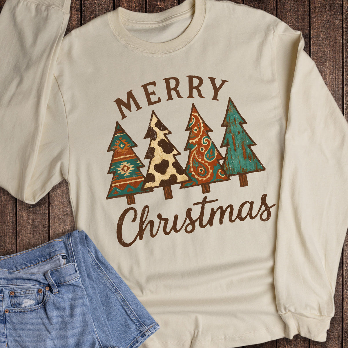 Christmas Western Merry Aztec Cow Print Paisley Trees Long Sleeve