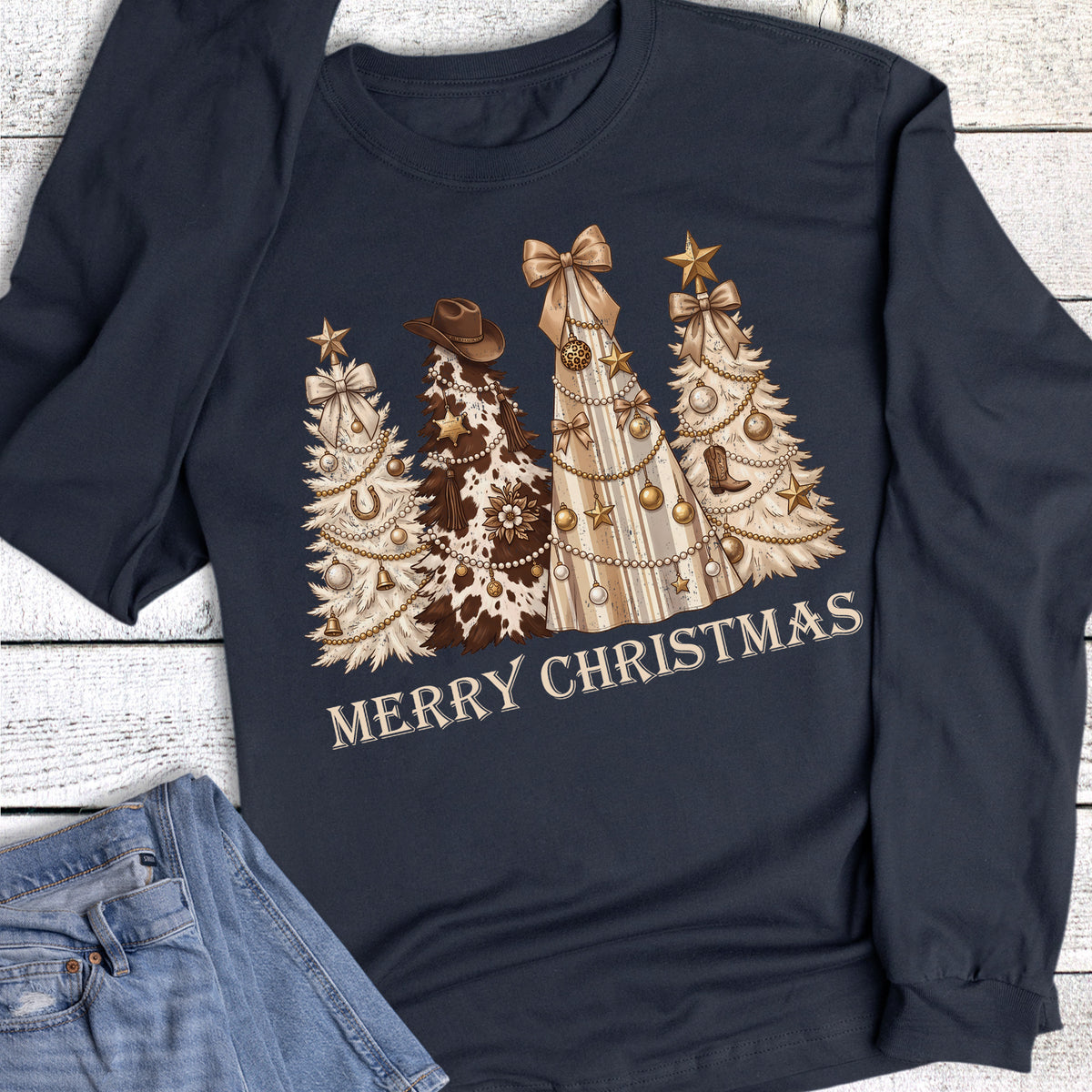 Christmas Western Merry Spurs Boots Trees Long Sleeve