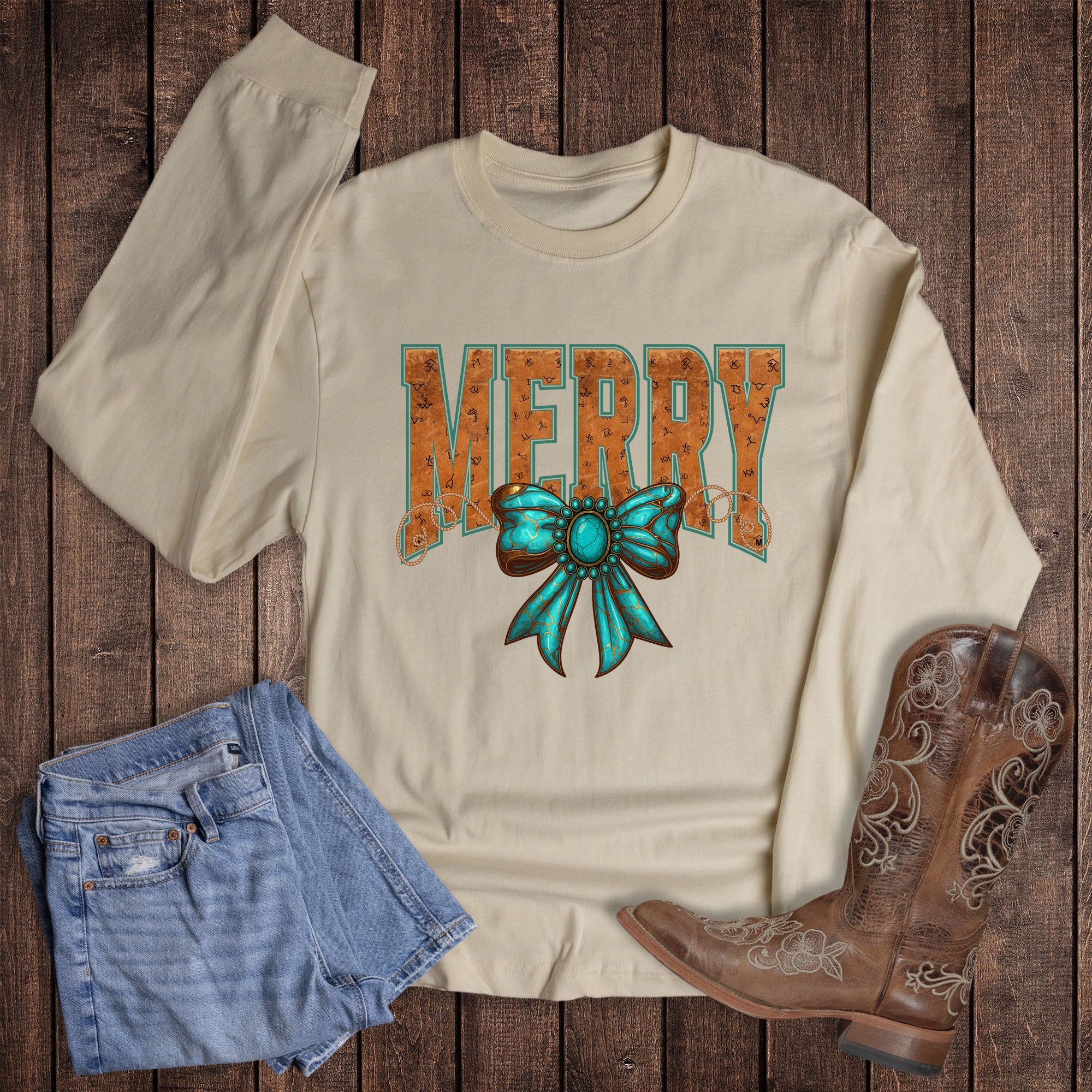 Christmas Western Merry Turquoise Bow Long Sleeve