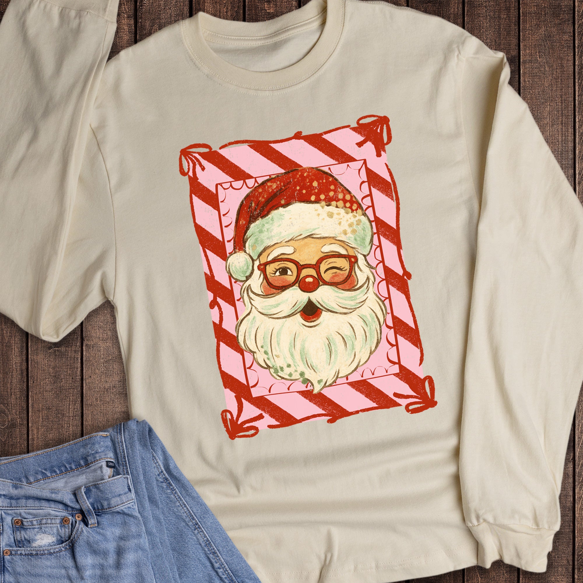 Christmas Winking Santa Stripes Long Sleeve