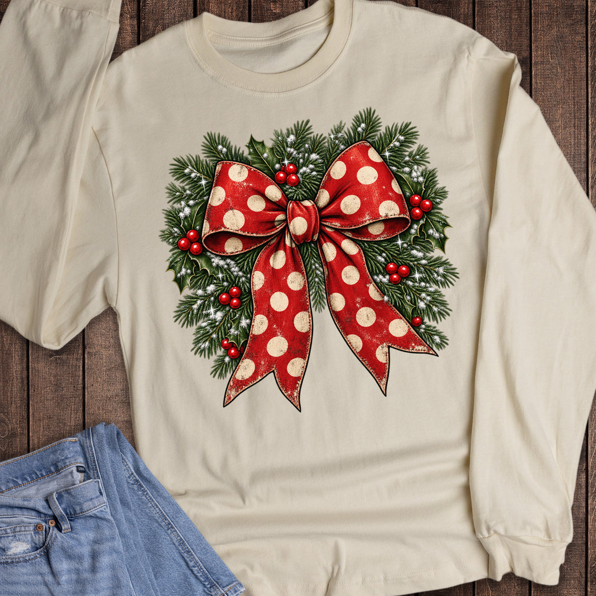 Christmas Wreath Polka Dot Bow Long Sleeve