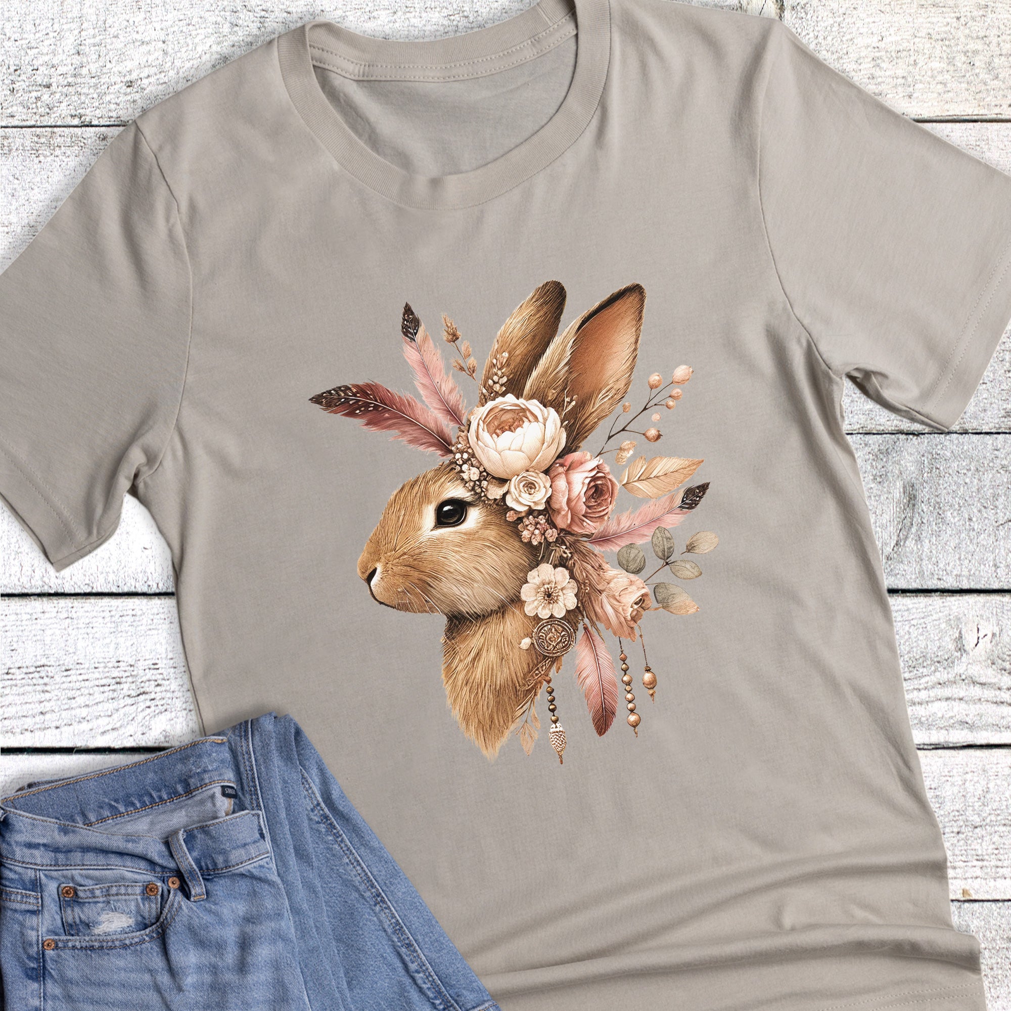 Easter Boho Bunny with Feathers and Floral