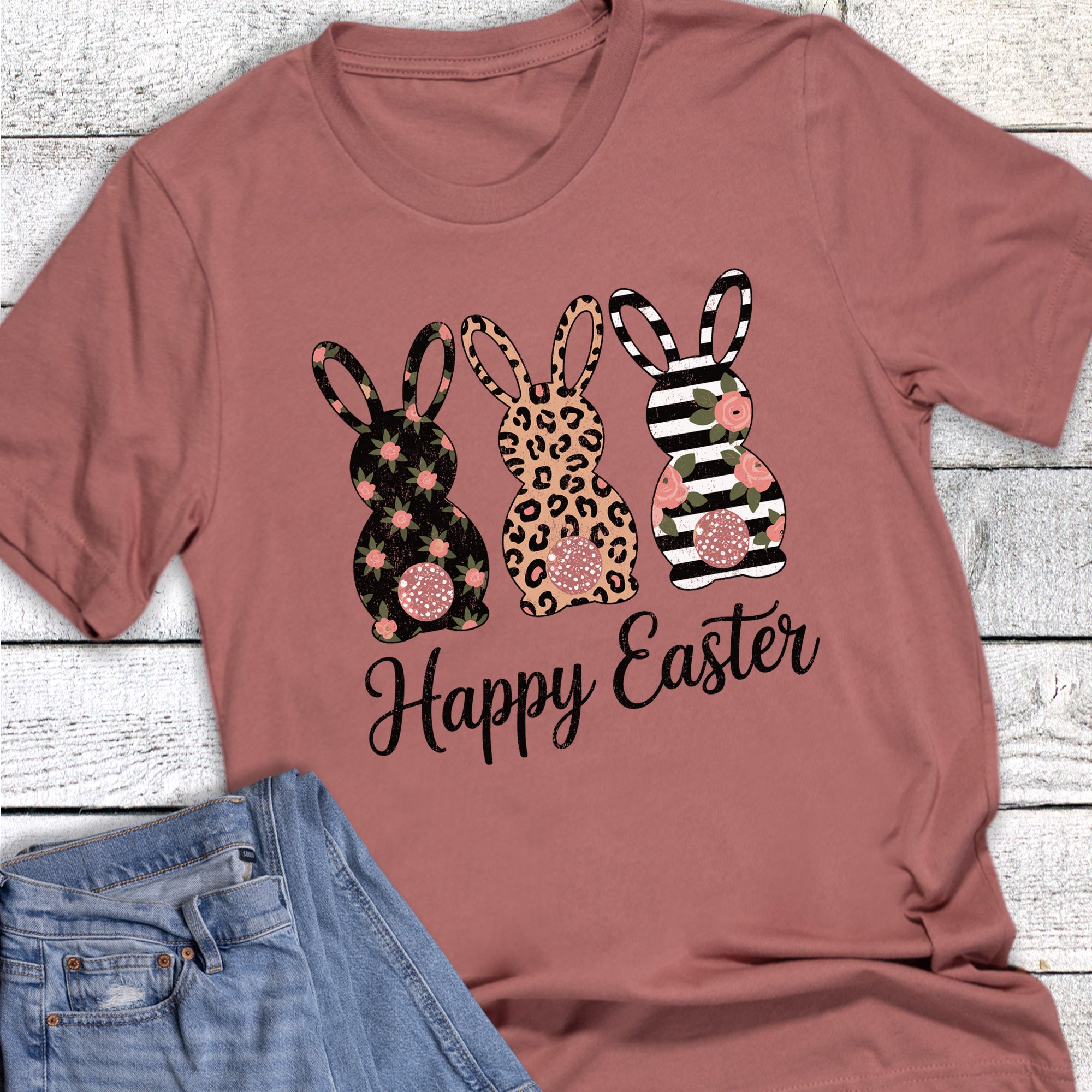 Easter Bunny Trio Leopard And Floral Stripe Graphic Tee