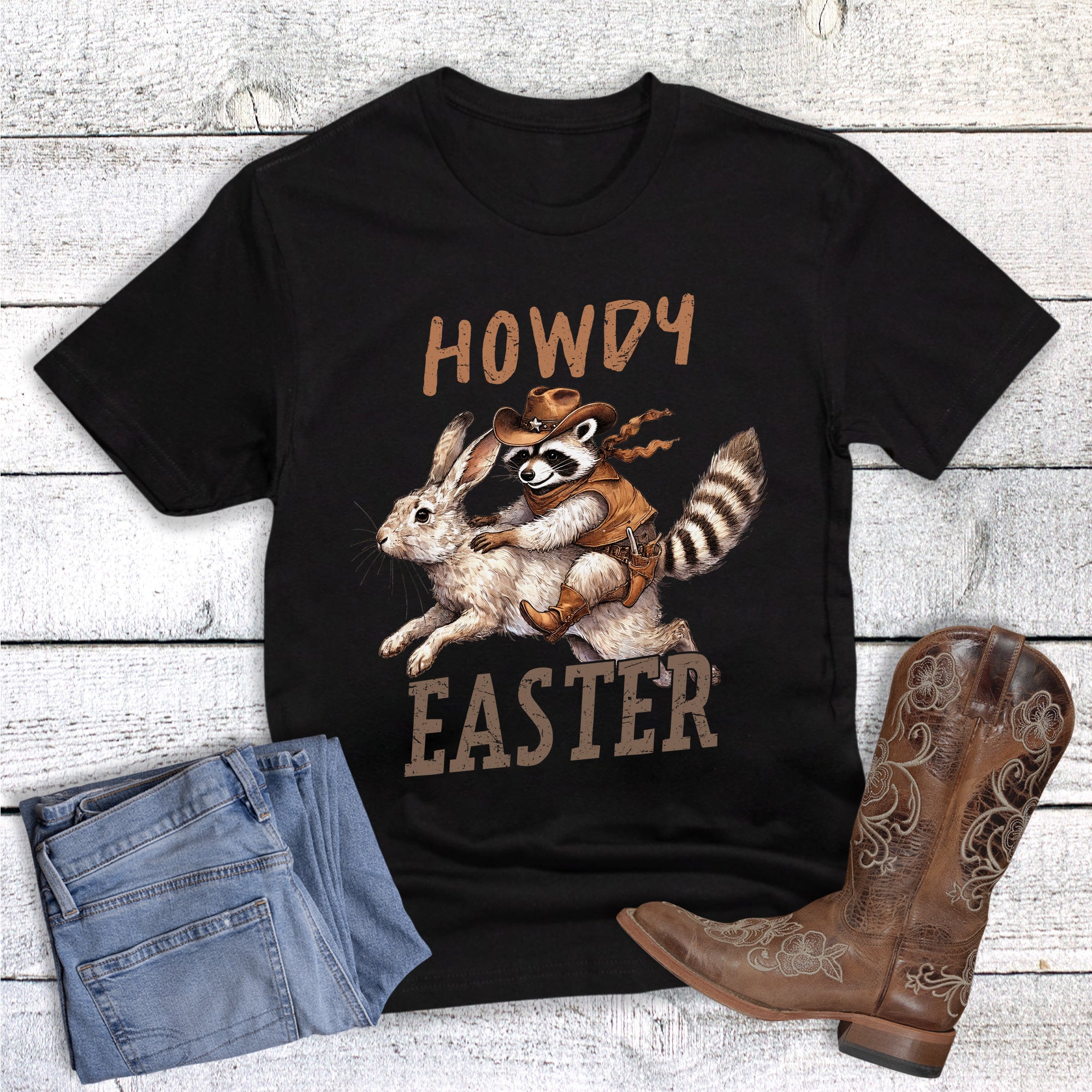 Easter Western Howdy Raccoon On Rabbit Graphic Tee