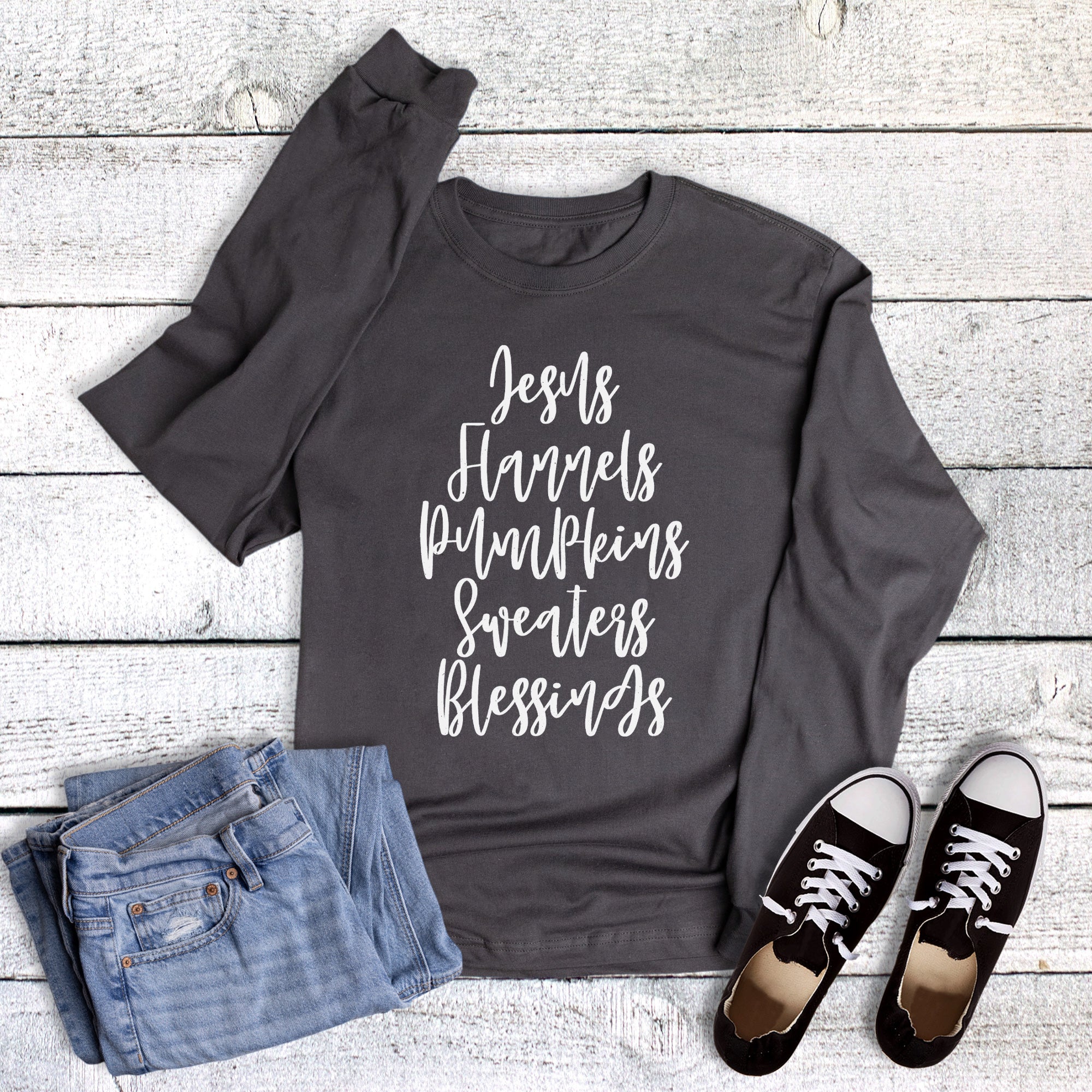 Faith Fall Jesus Flannels Pumpkins Blessings Long Sleeve