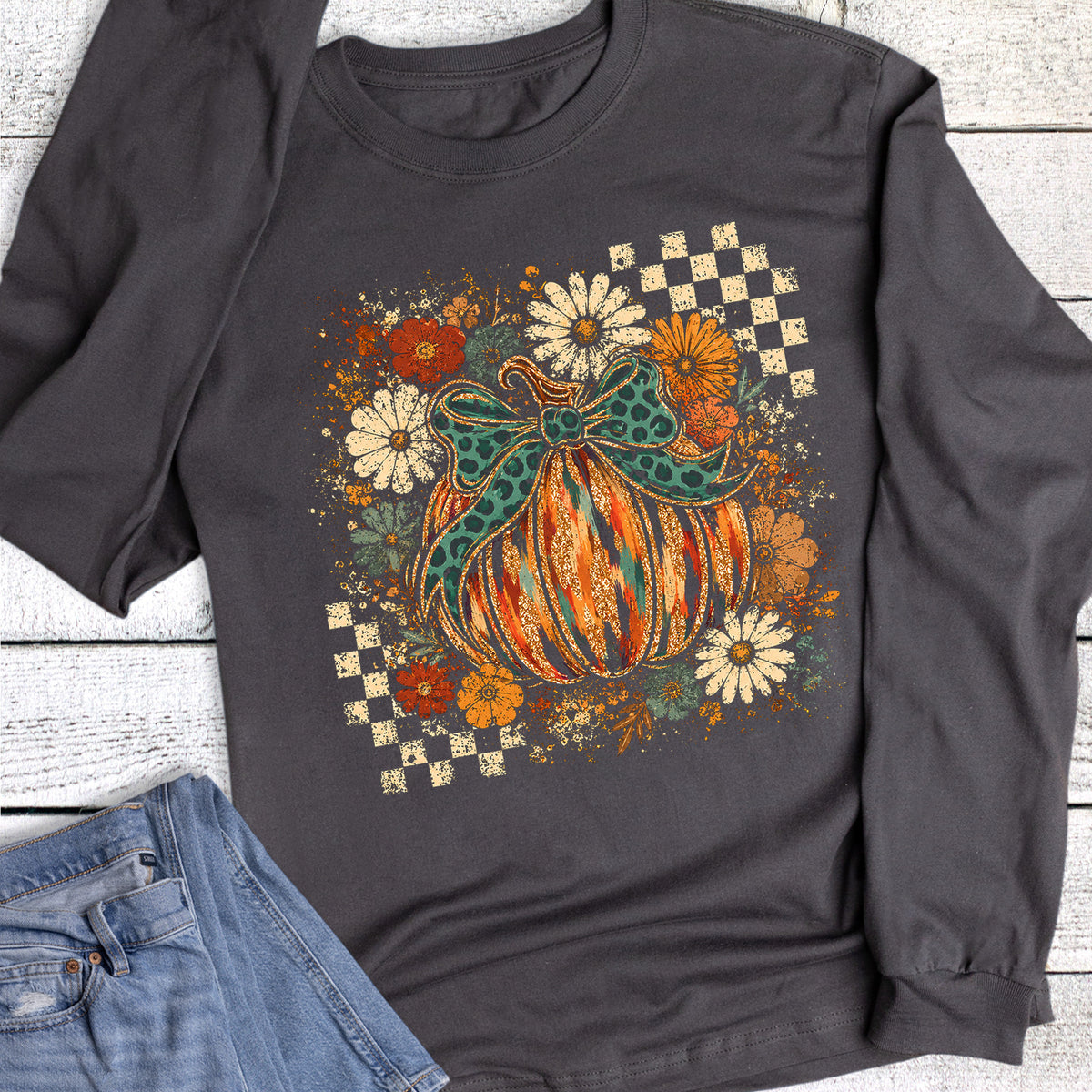 Fall Boho Pumpkin Check Florals Long Sleeve