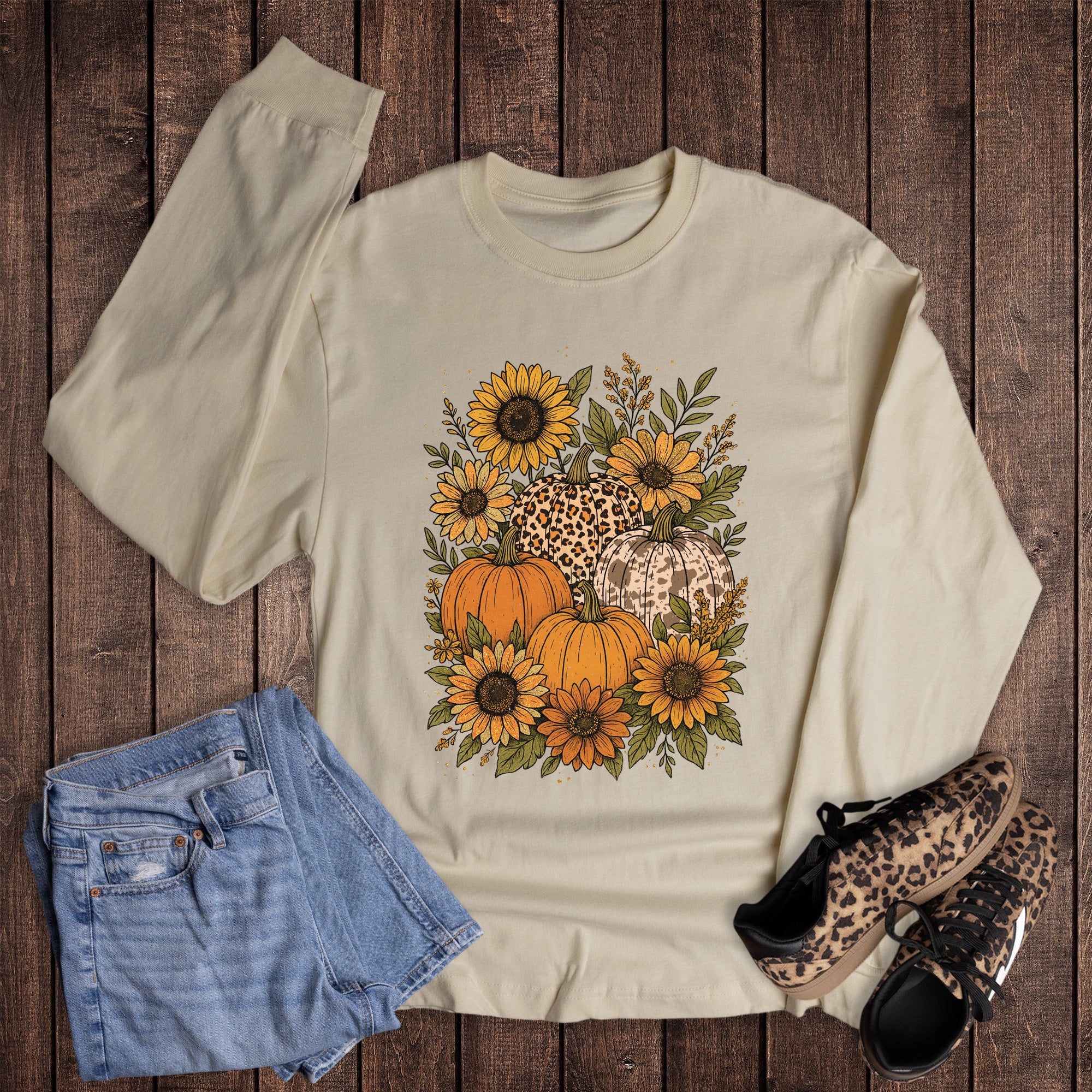 Fall Boho Pumpkins and Sunflowers Long Sleeve