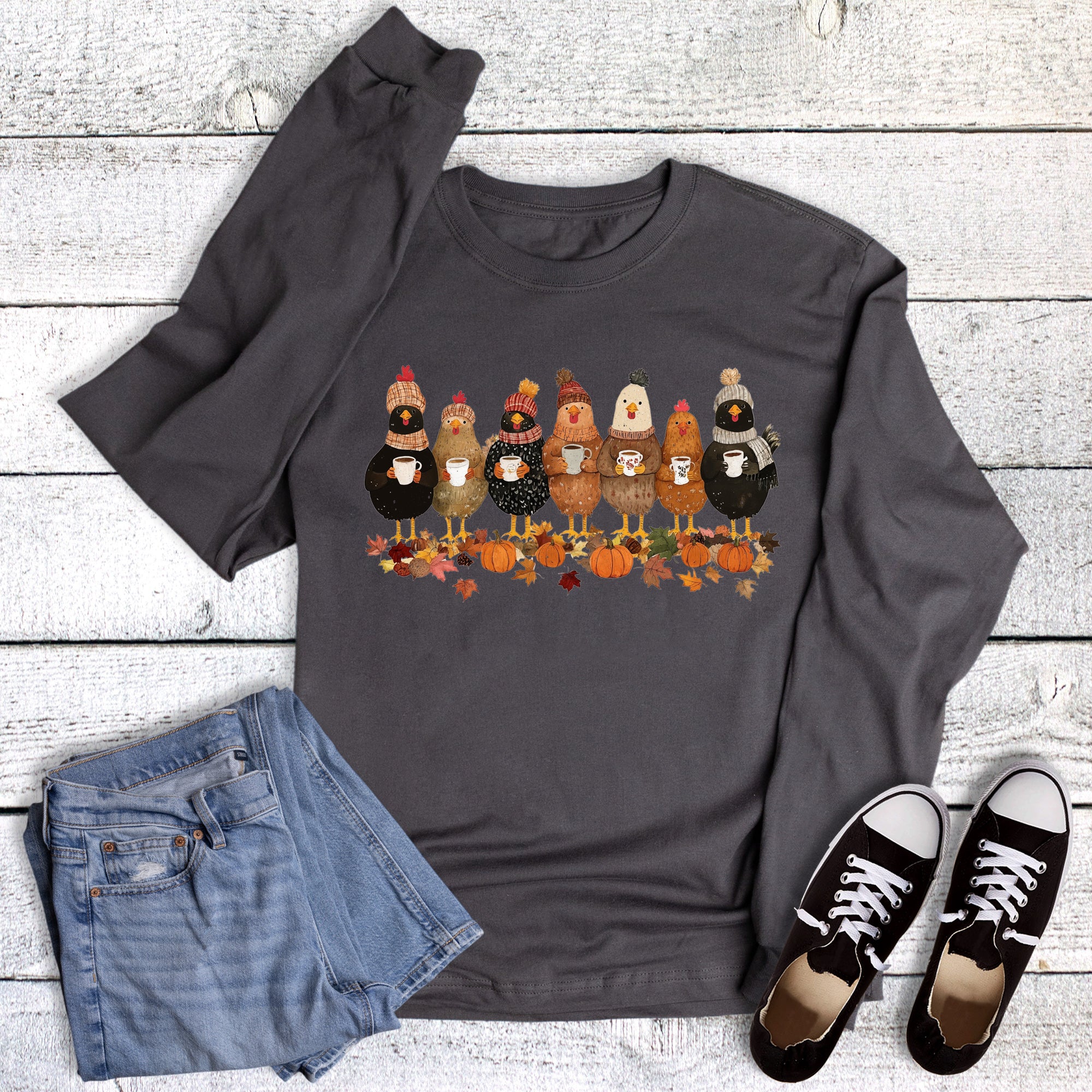 Fall Chickens with Coffee Long Sleeve