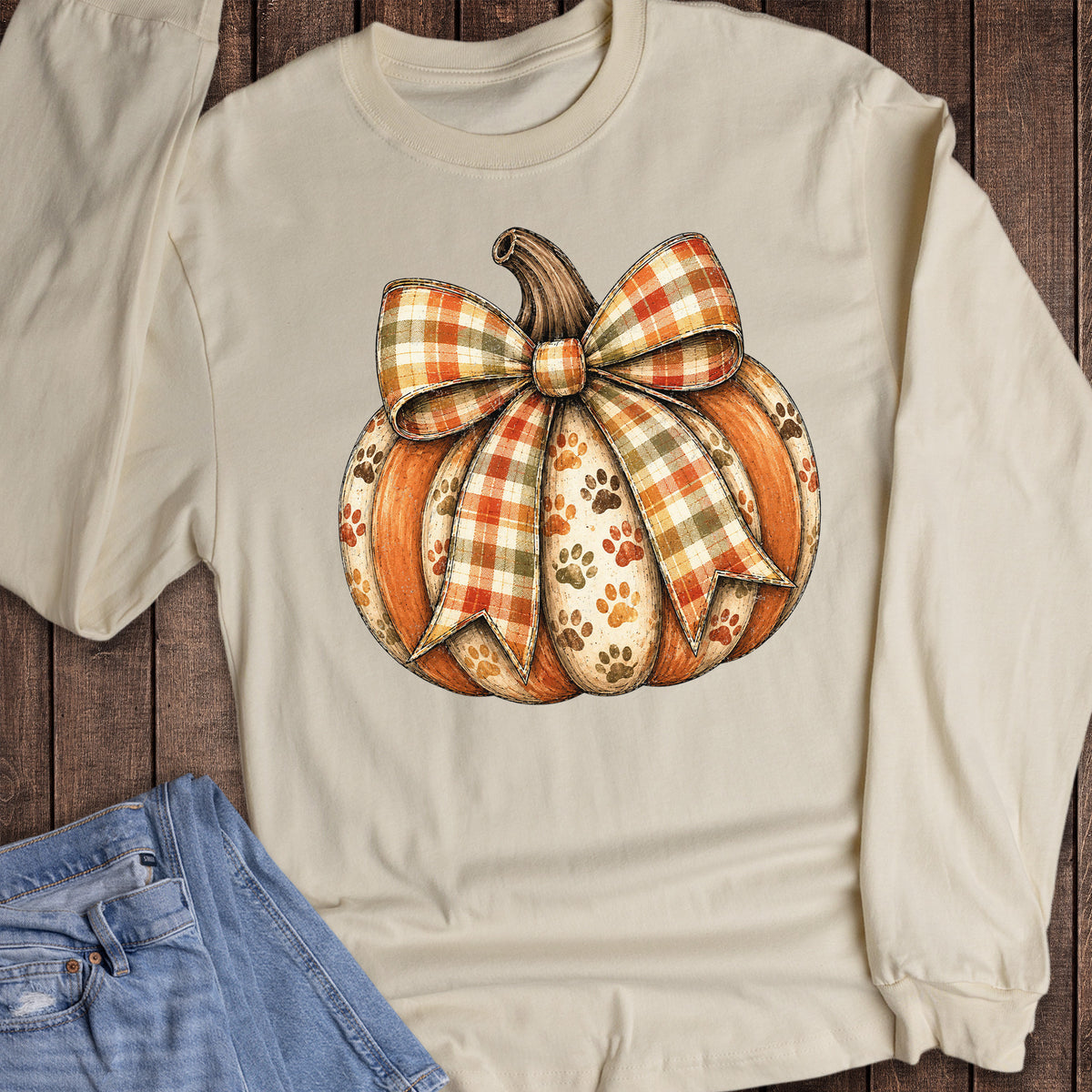 Fall Dog Paws Pumpkin and Bow Long Sleeve