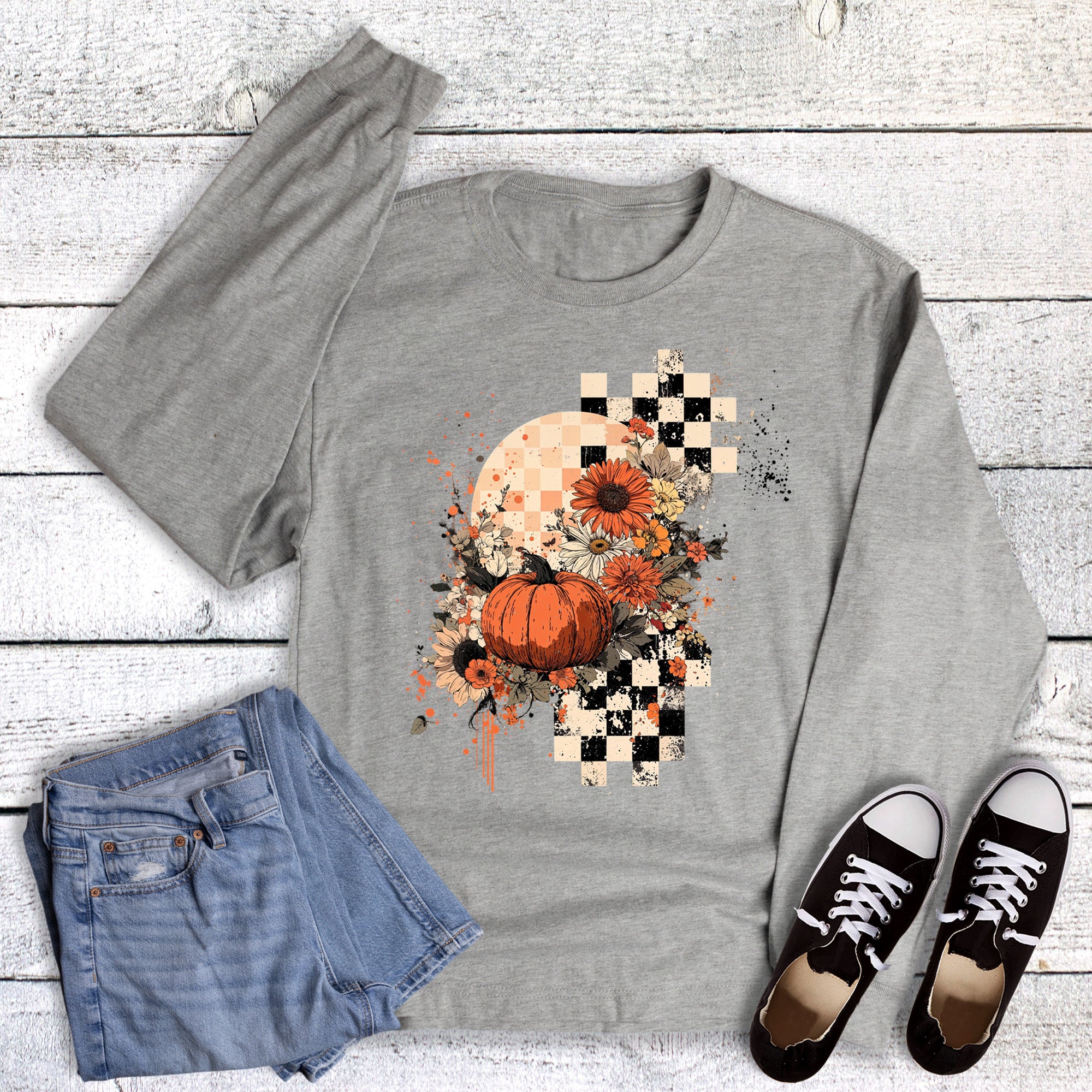 Fall Floral Pumpkin Checked Long Sleeve