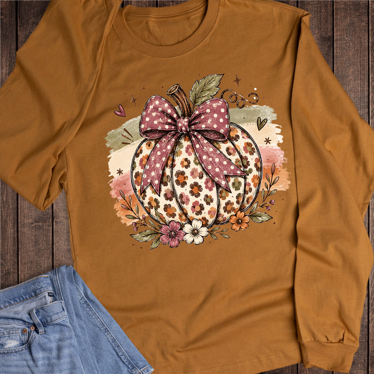 Fall Floral Pumpkin Stripes Polka Bow Long Sleeve