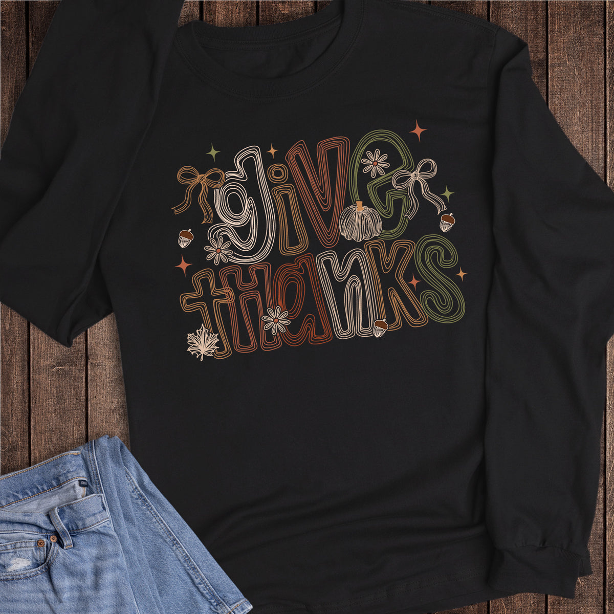 Fall Give Thanks Thanksgiving Doodles and Bows Long Sleeve