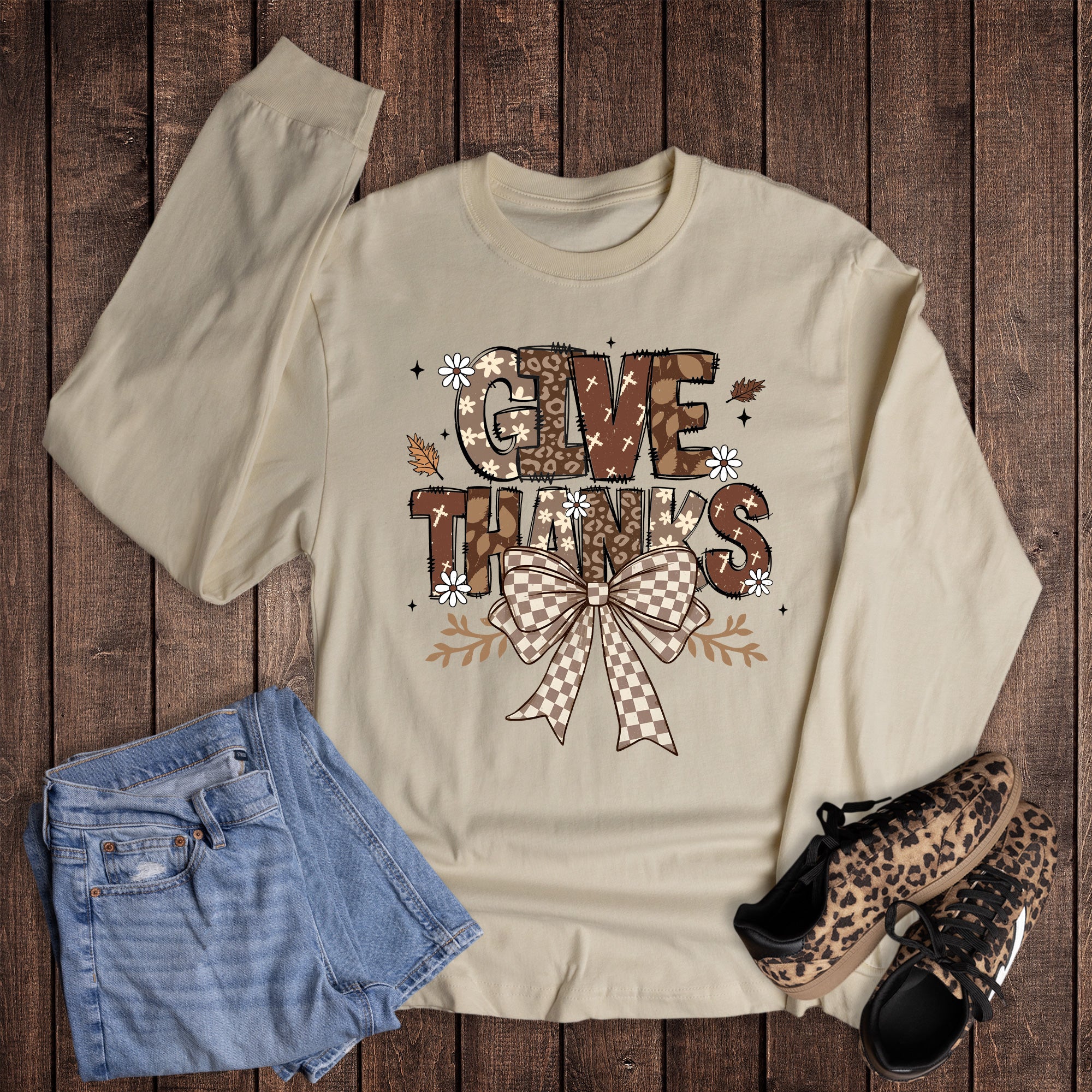 Fall Patterned Give Thanks Bow Long Sleeve