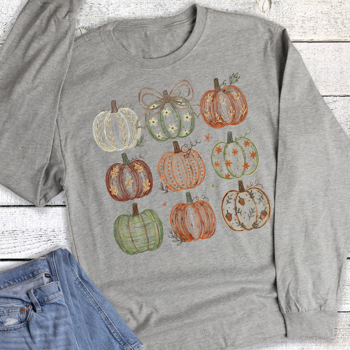 Fall Patterned Pumpkin Grid Long Sleeve