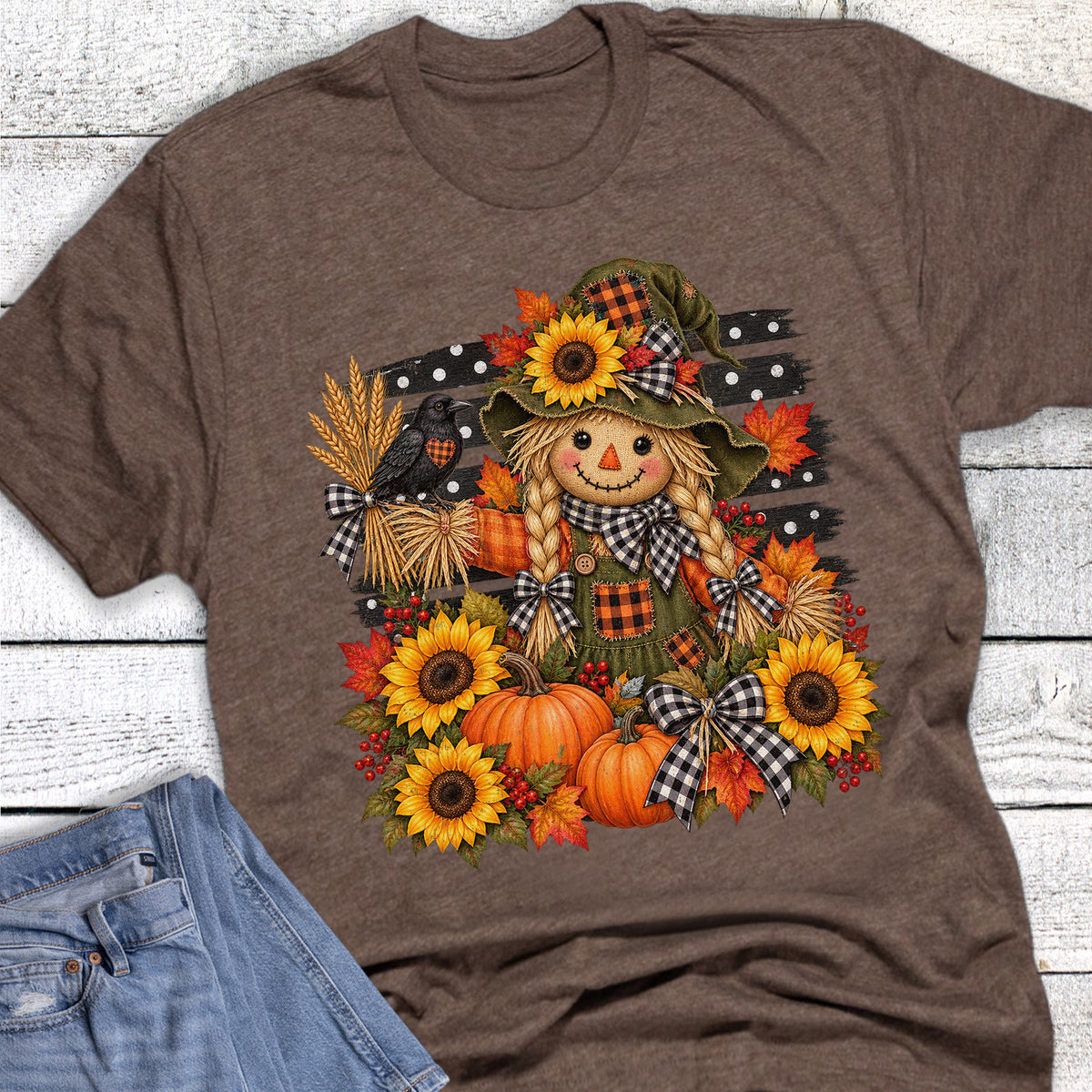 Fall Scarecrow Sunflowers Pumpkins