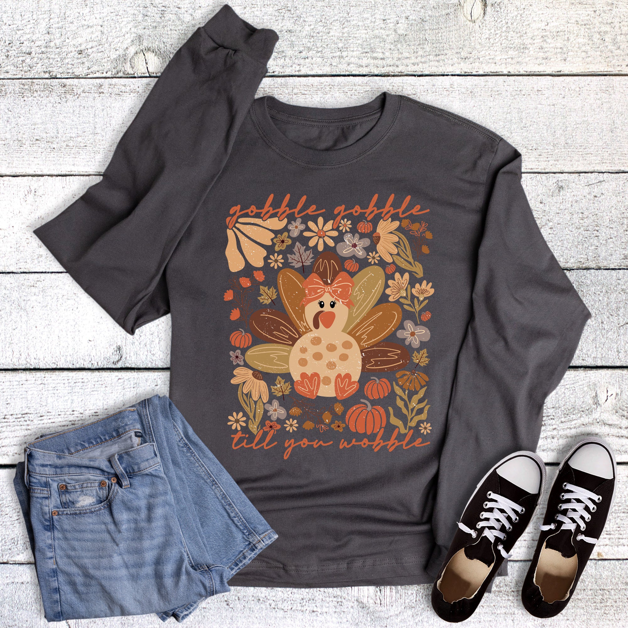 Fall Thanksgiving Boho Turkey Gobble Till You Wobble Long Sleeve