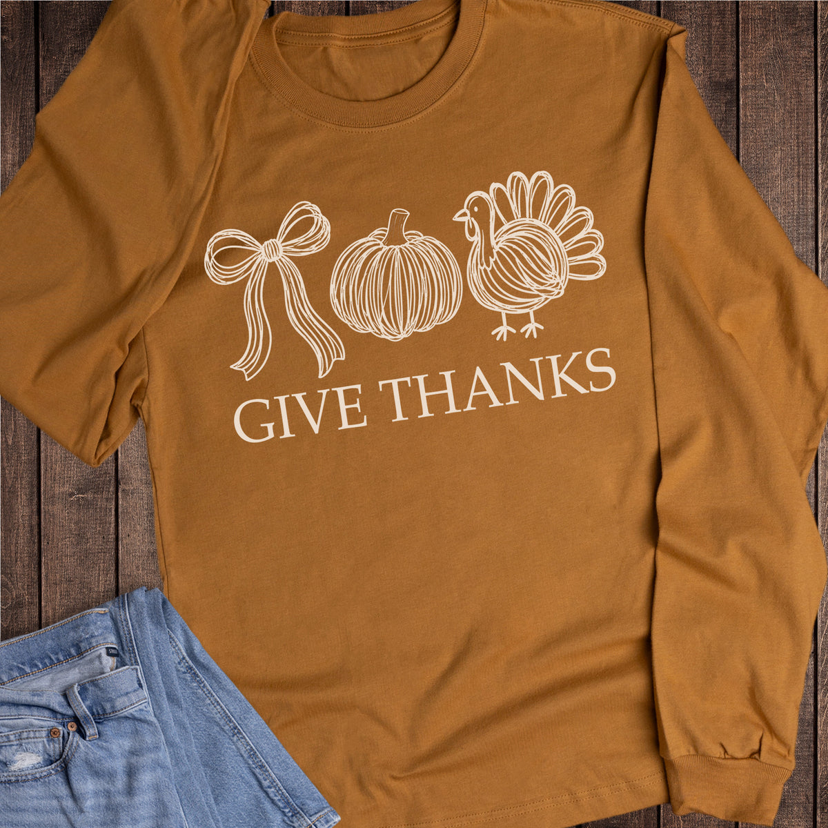 Fall Thanksgiving Give Thanks Pumpkin Turkey Doodles Long Sleeve