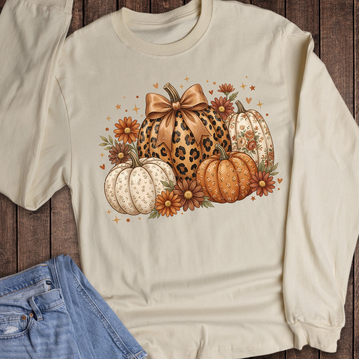 Fall Thanksgiving Patterned Pumpkins Floral Long Sleeve