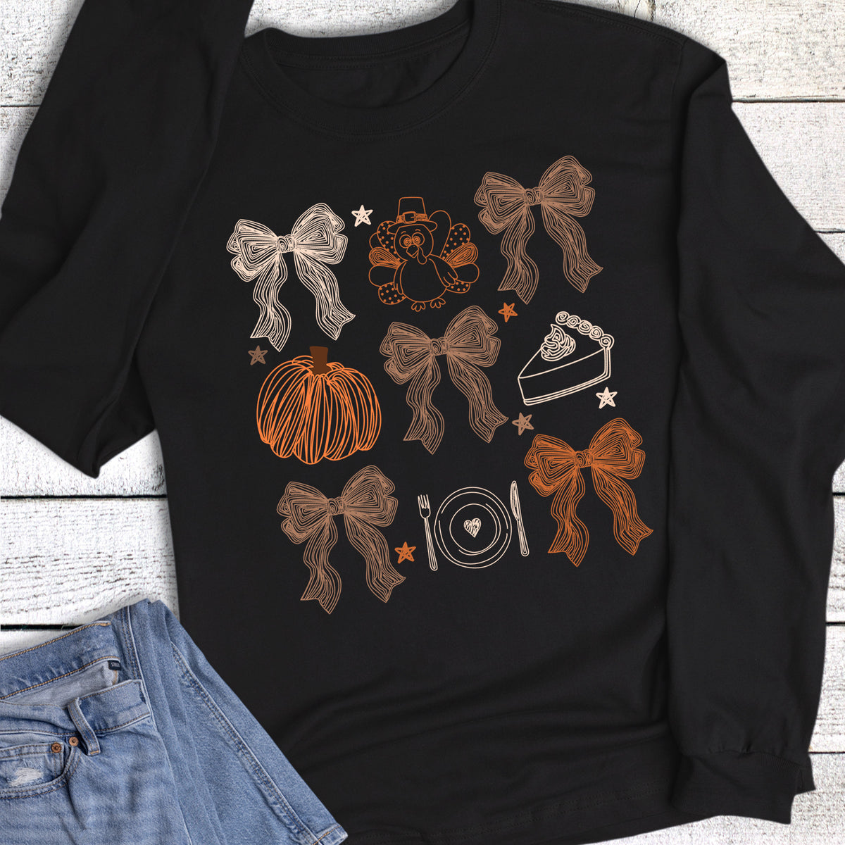 Fall Thanksgiving Pumpkin Pie Turkey Bows Long Sleeve