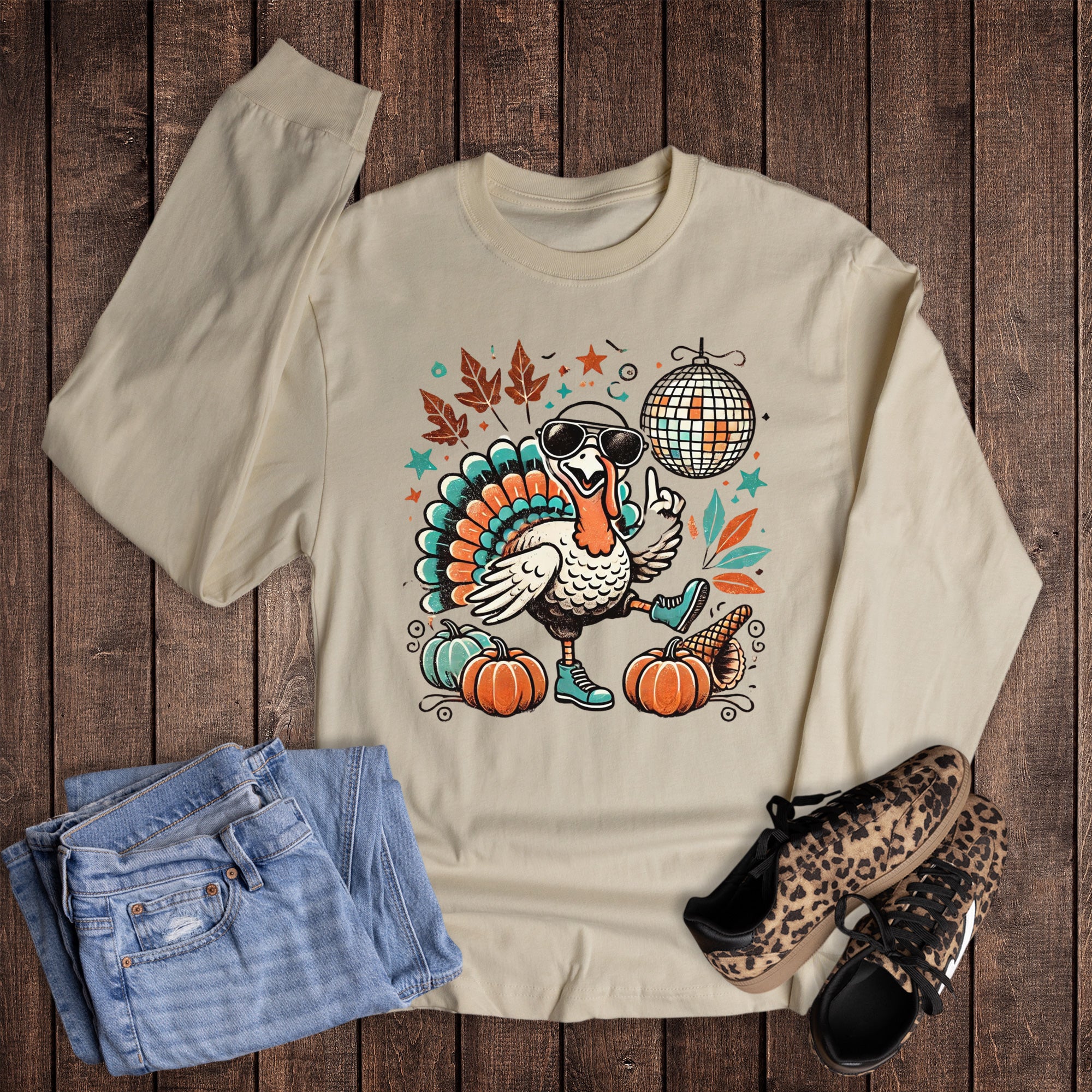 Fall Turkey Disco and Pumpkins Long Sleeve