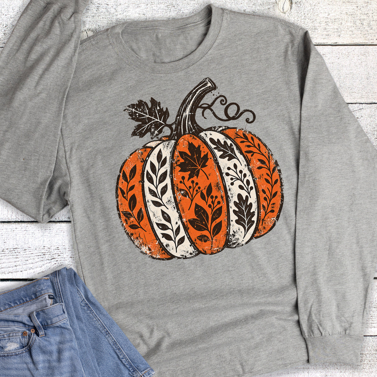 Fall Vintage Boho Pumpkin Leaves Long Sleeve