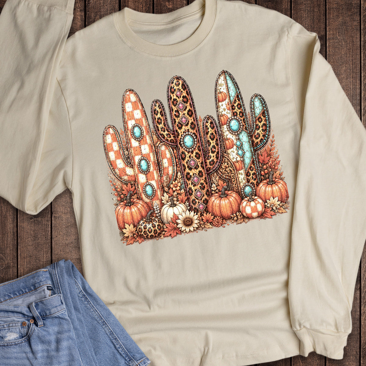 Fall Western Cactus Trio Pumpkins Turquoise Long Sleeve