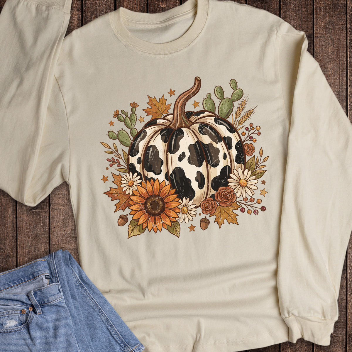 Fall Western Cow Print Pumpkin Florals Long Sleeve