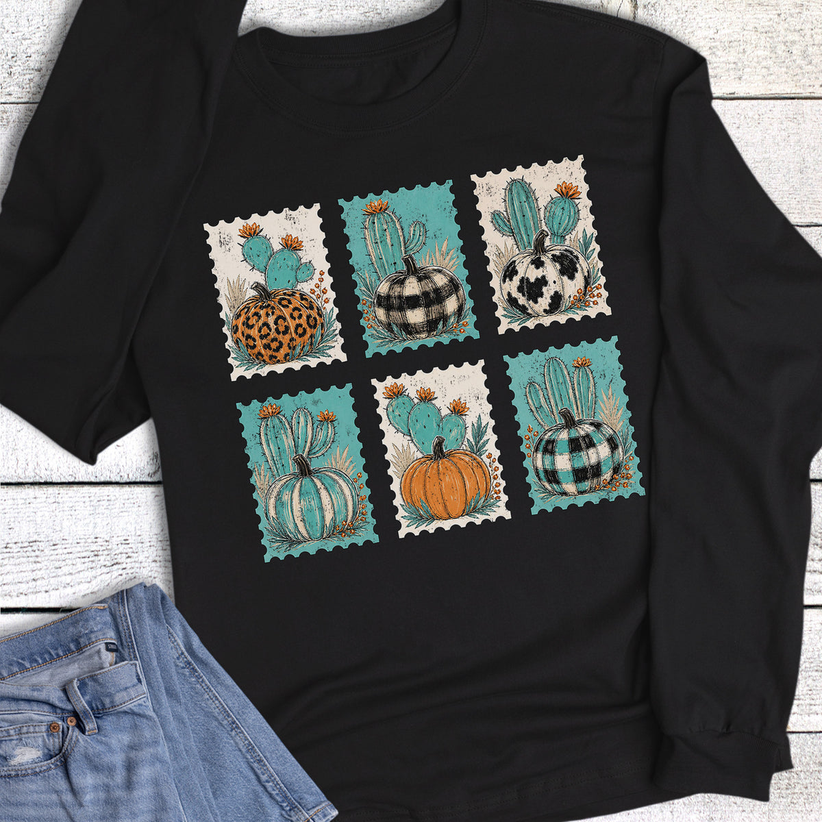 Fall Western Pumpkin Cactus Stamps Long Sleeve