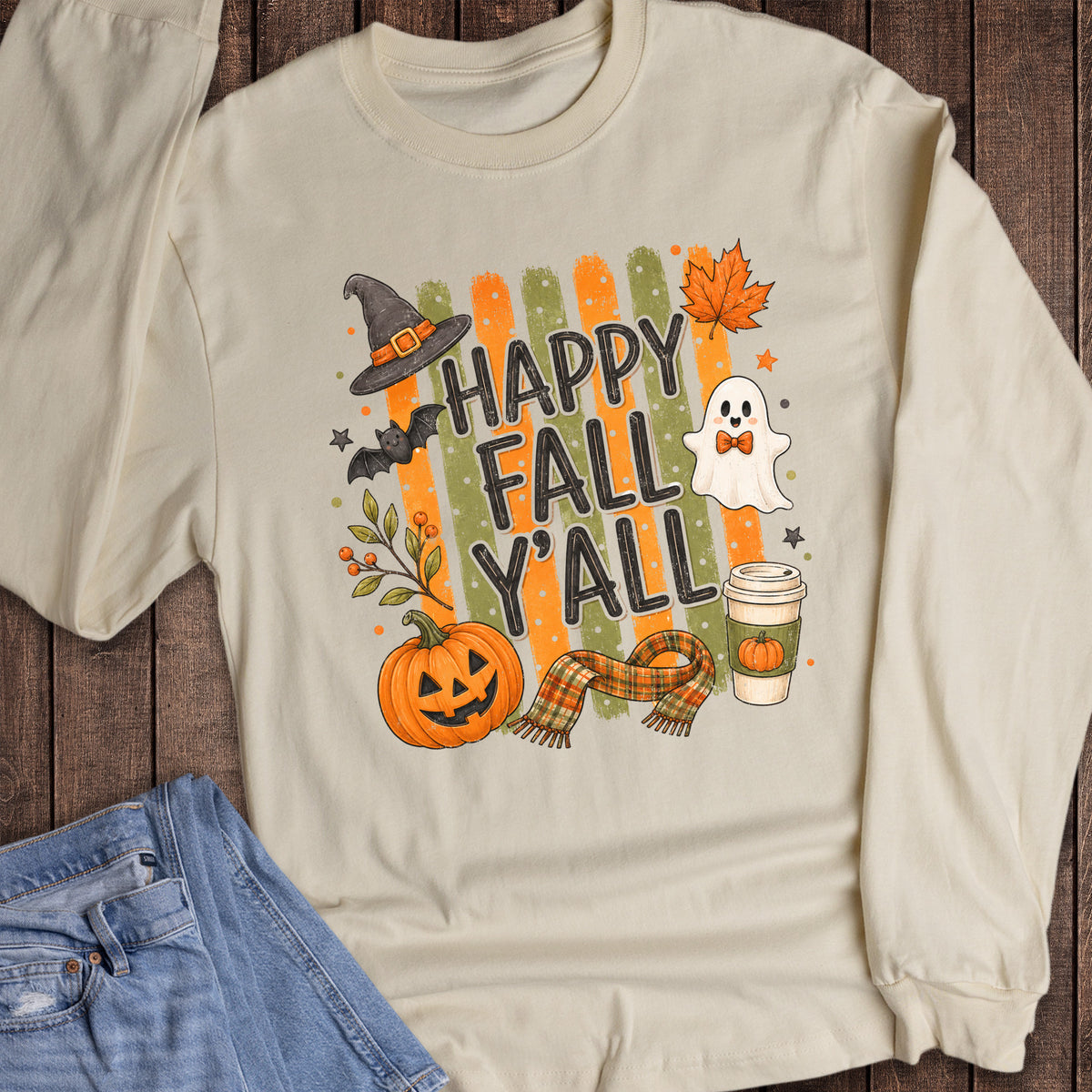 Fall Y'all Halloween Stripes Scarf Coffee Long Sleeve