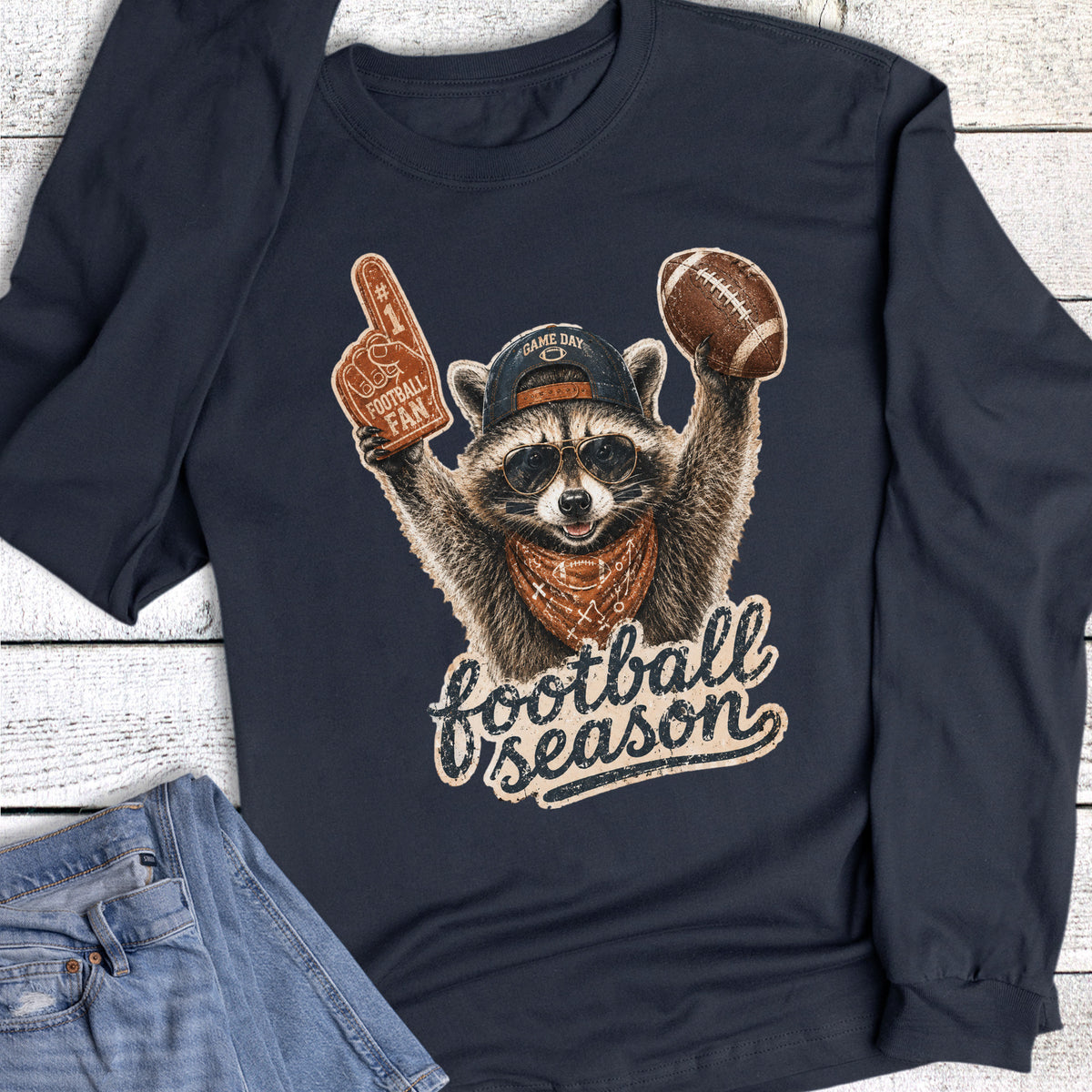 Football Season Raccoon Foam Finger Long Sleeve