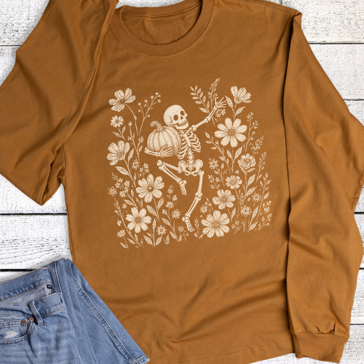 Halloween Boho Skeleton Floral Long Sleeve