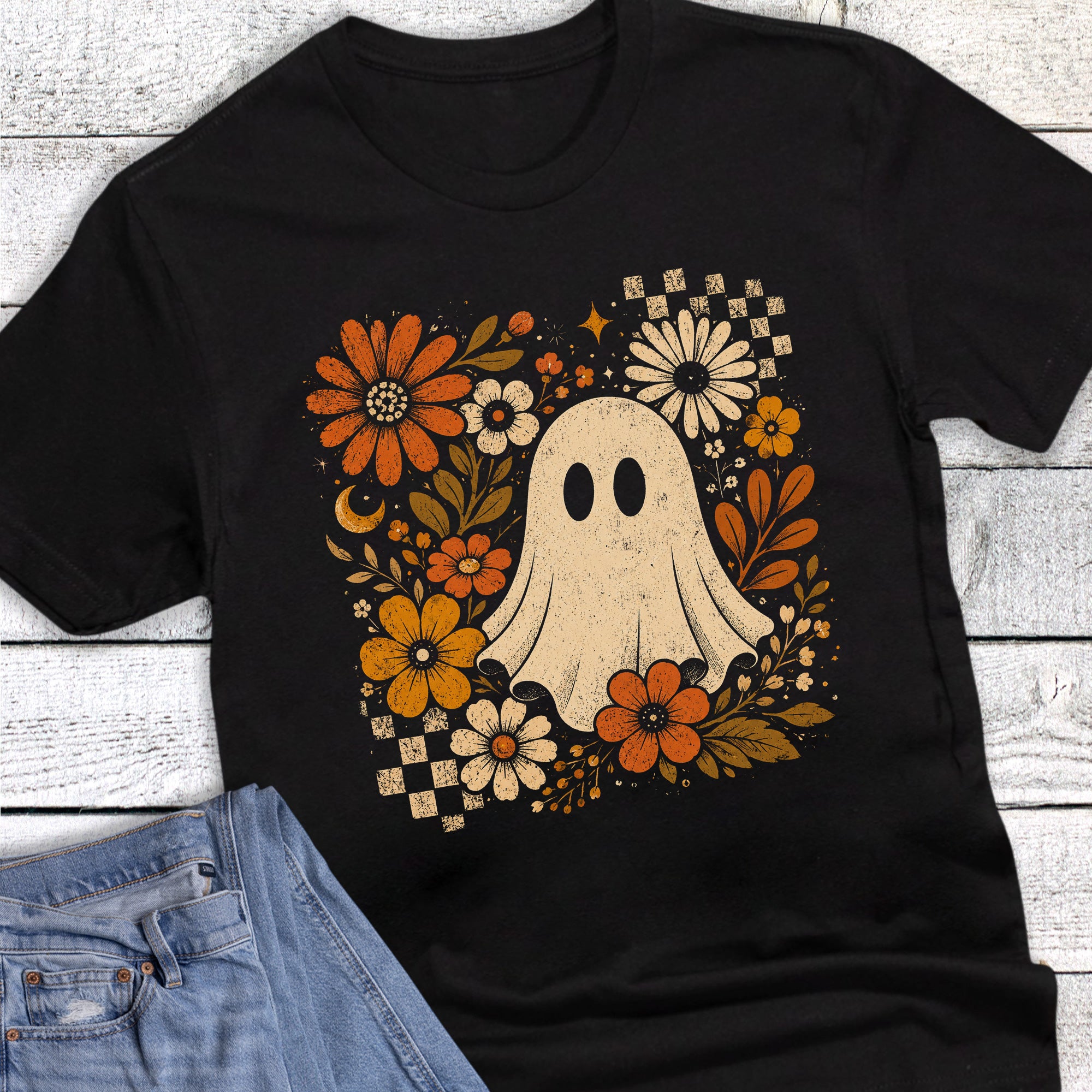 Halloween Ghost Floral Boho Retro Check