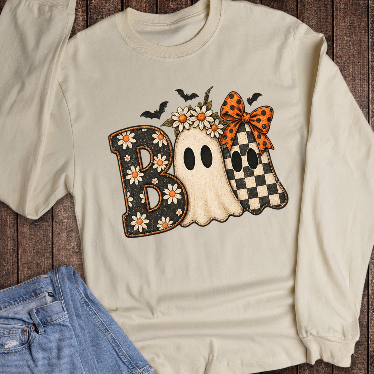 Halloween Ghosts Check Bats Boo Long Sleeve