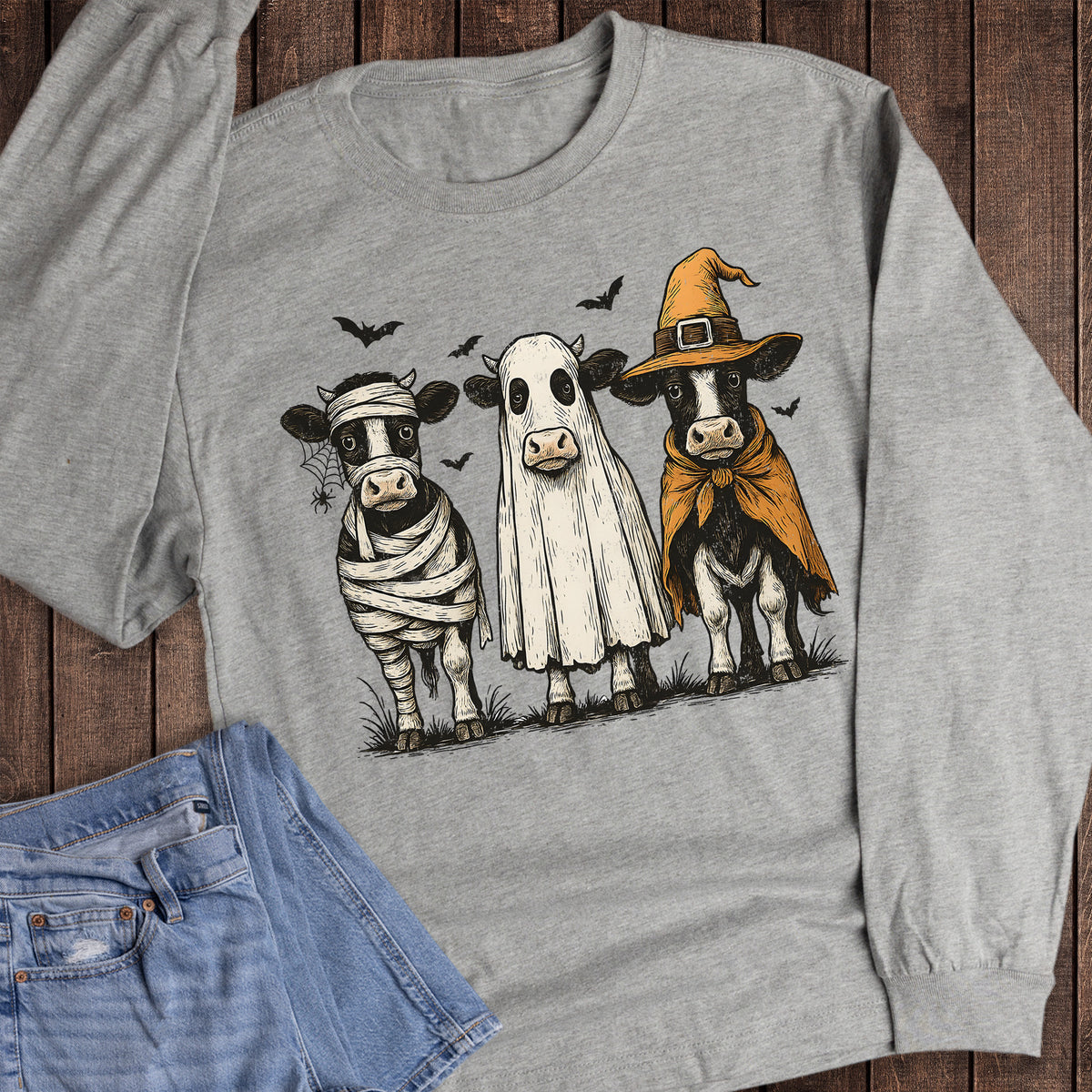 Halloween Mummy Ghost Cow Trio Long Sleeve
