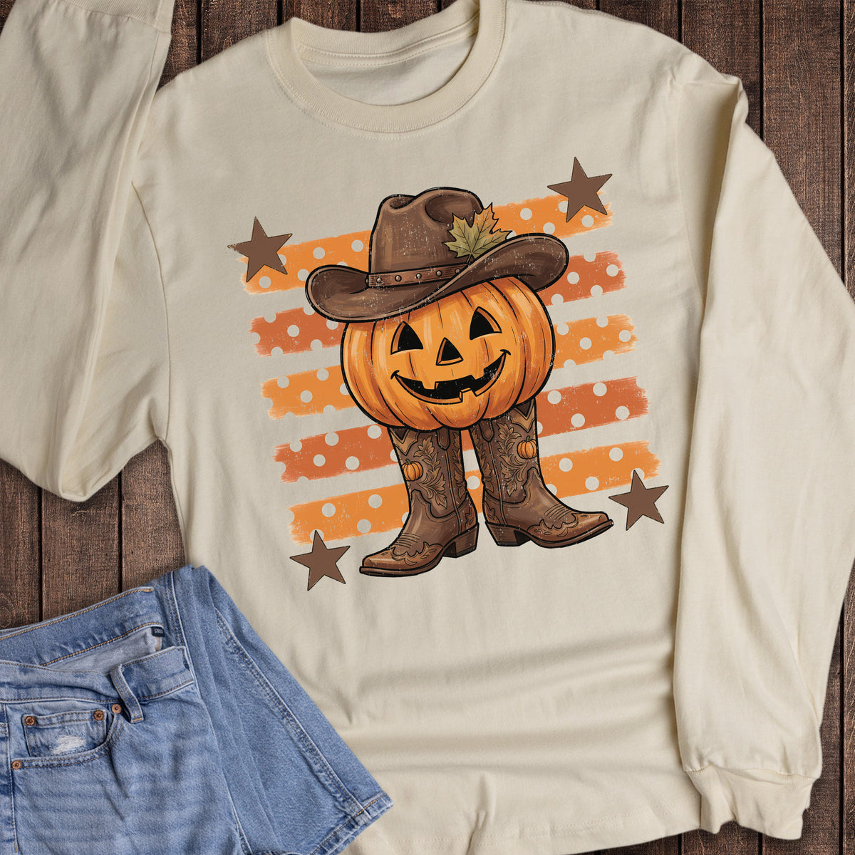 Halloween Western Pumpkin Hat Boots Stripes Long Sleeve