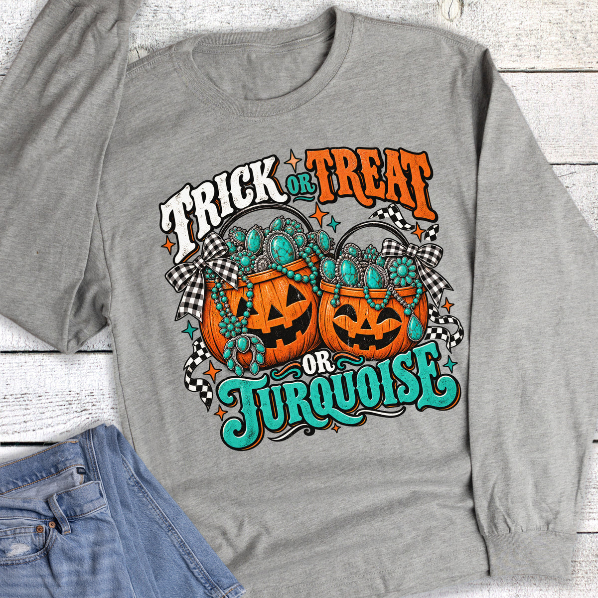 Halloween Western Trick Treat Turquoise Long Sleeve