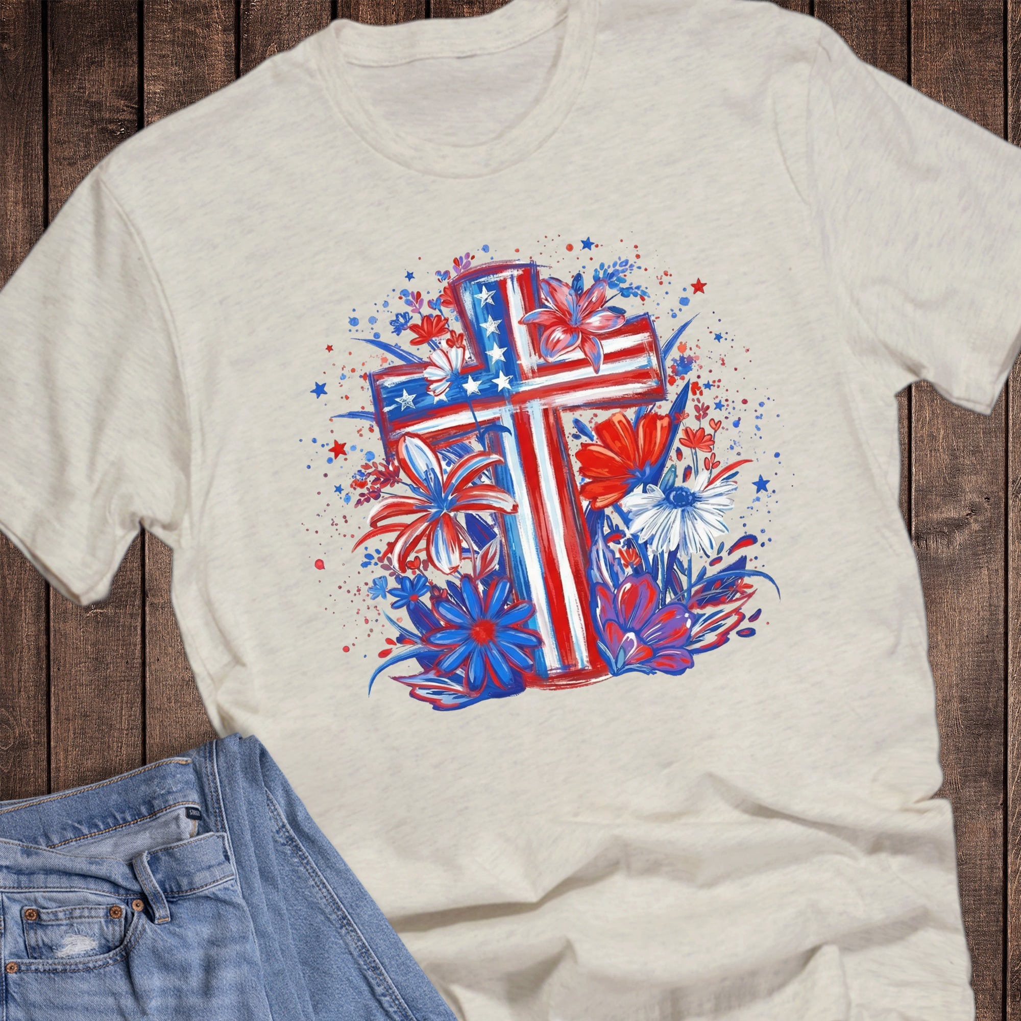 Patriotic Flag Cross Flowers America Faith