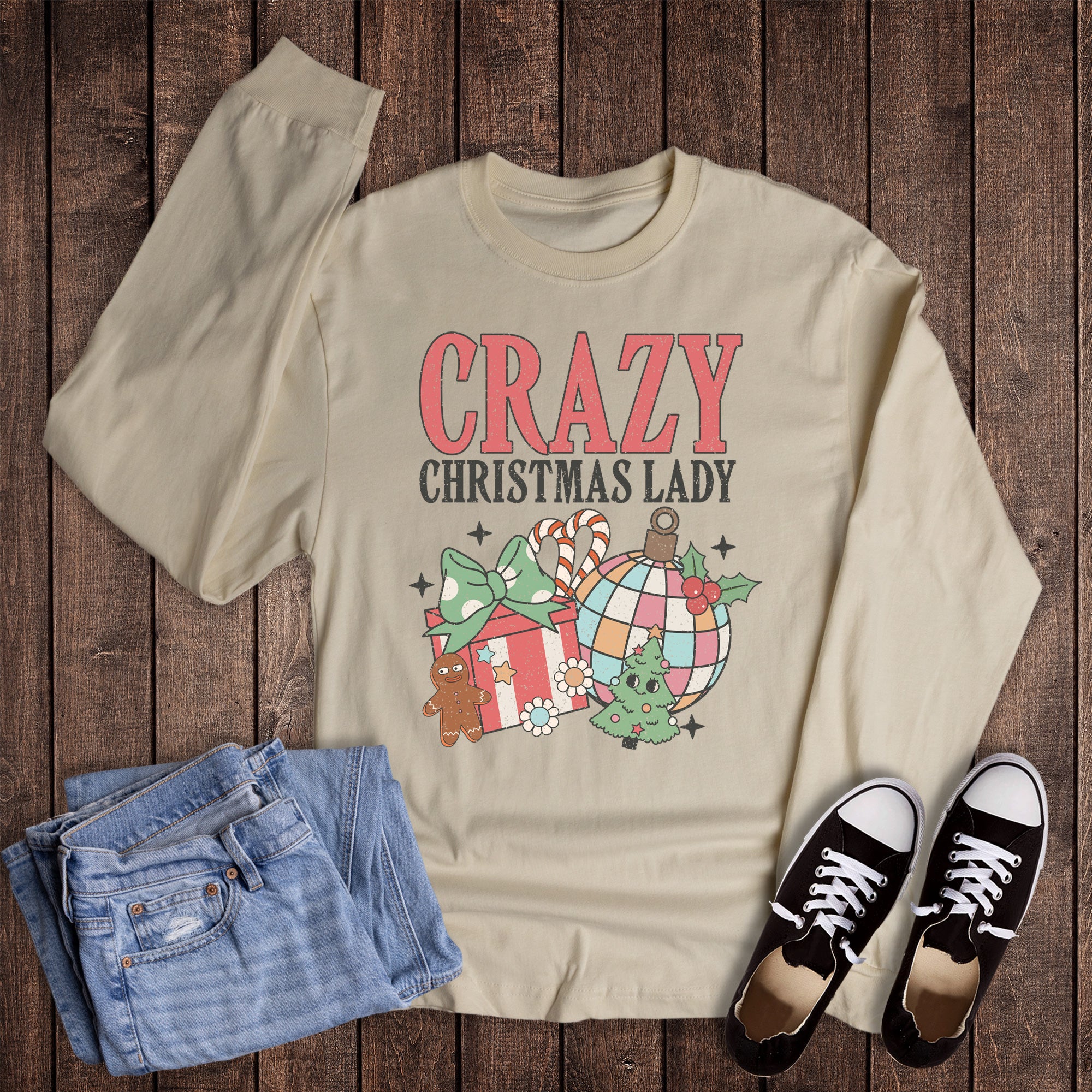 Retro Crazy Christmas Lady Long Sleeve