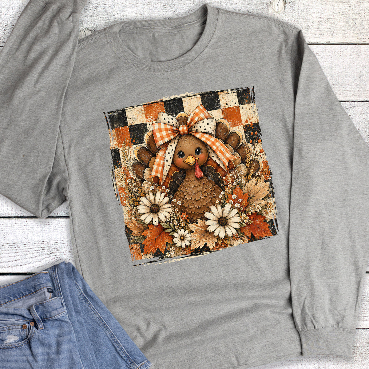 Thanksgiving Boho Turkey Floral Check Long Sleeve
