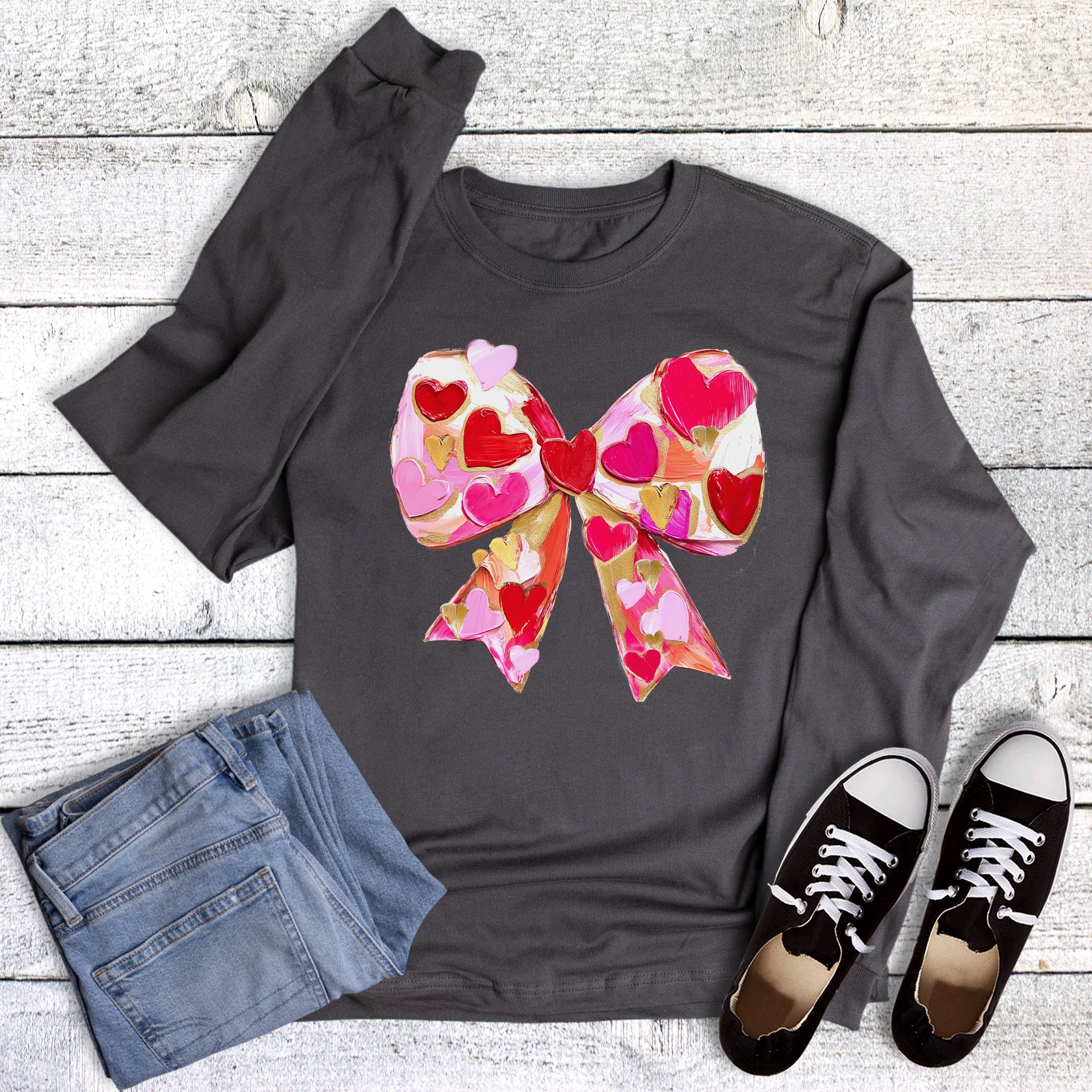 Valentines Coquette Bow with Hearts Long Sleeve